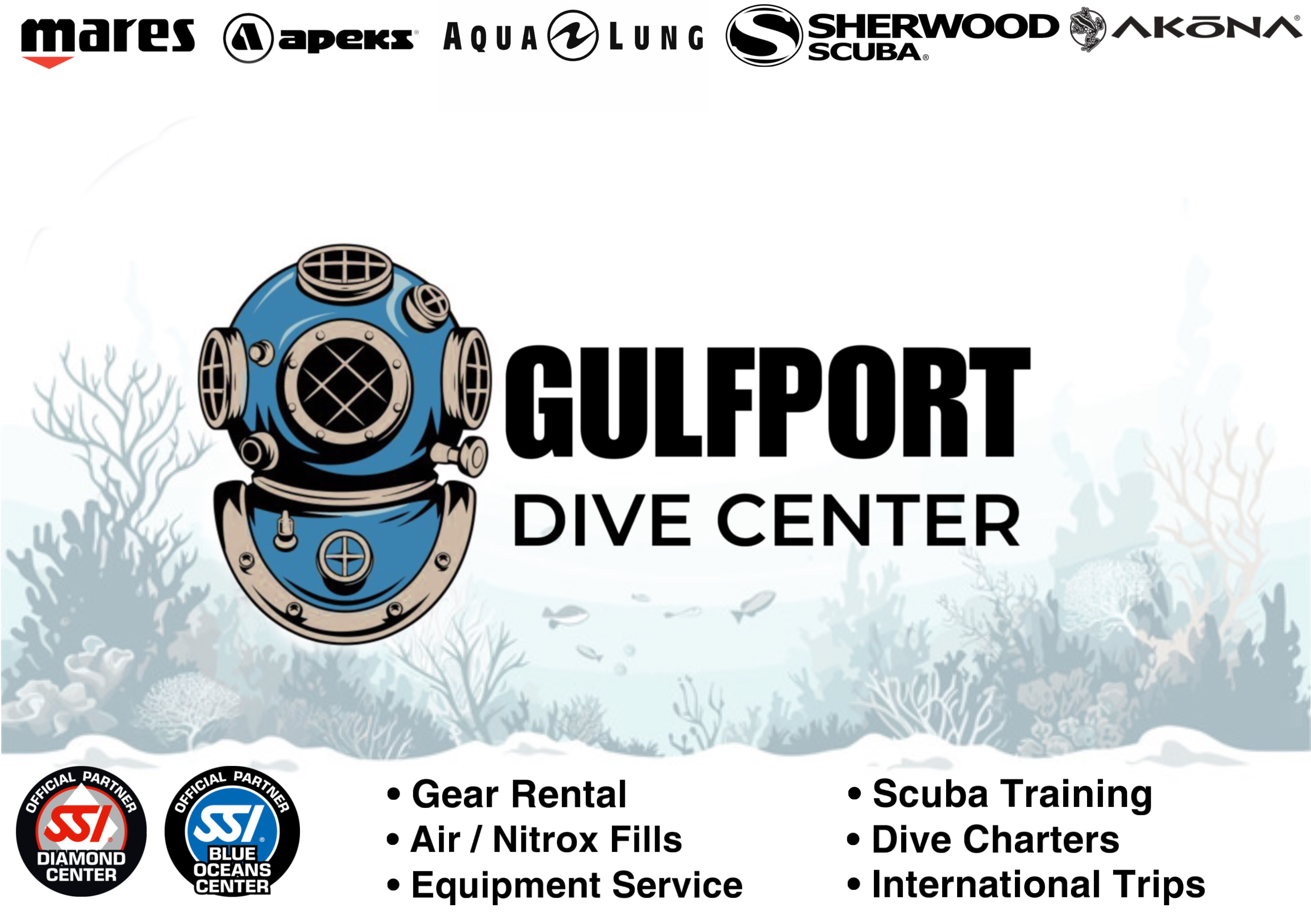 Gulfport Dive Center logo with a vintage diving helmet, surrounded by coral and underwater scenery, and text listing services.