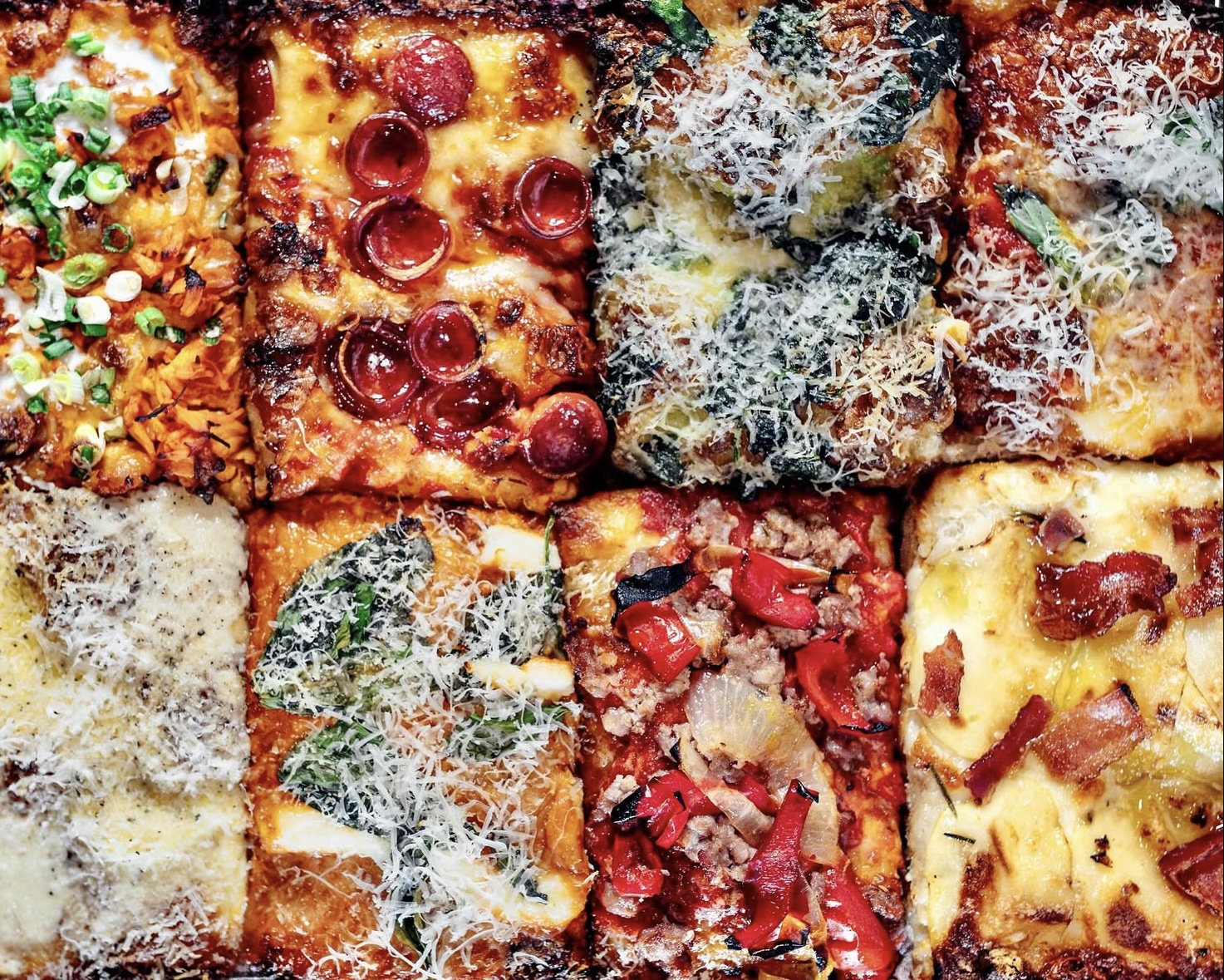 Close-up of six different pizza slices with various toppings, cheese, and crusts arranged in a grid.