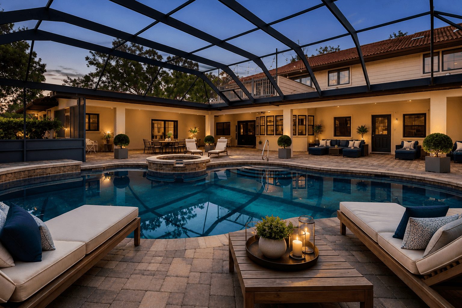 Outdoor pool area with lounge chairs, potted plants, and a covered patio, enclosed by a glass structure, during evening.