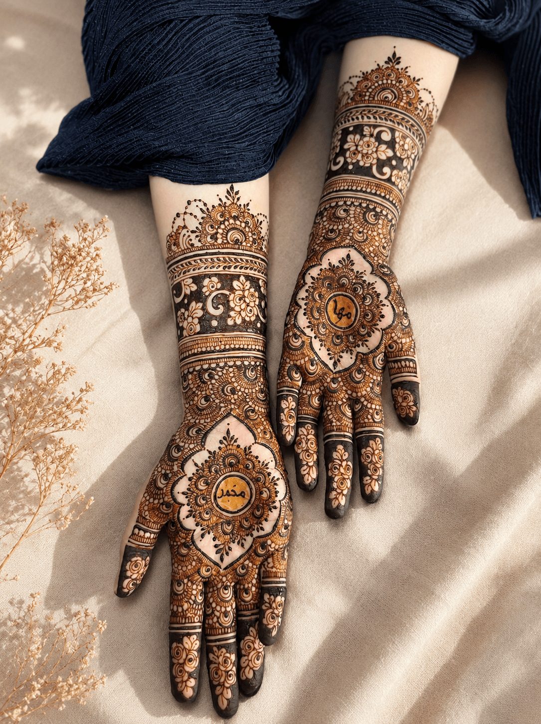 Two hands with intricate henna designs resting on a light surface, partially covered by dark fabric, with a plant nearby.