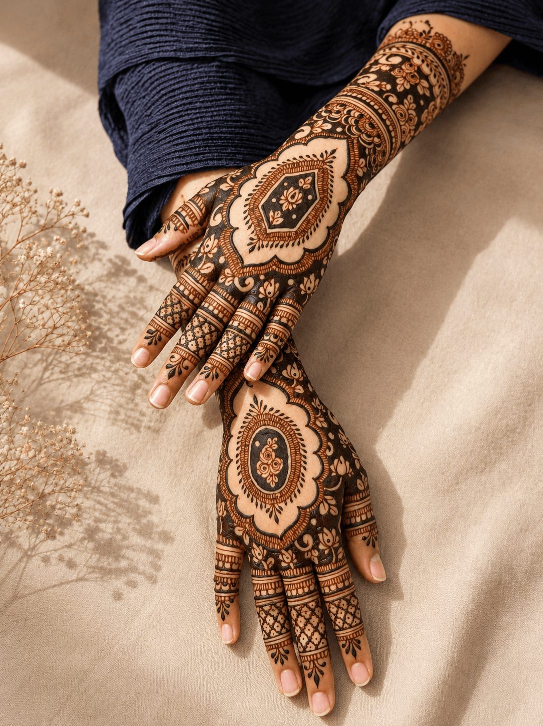 Hands with intricate henna designs resting on a beige surface, wearing a dark blue sleeve, with a shadow of a plant nearby.