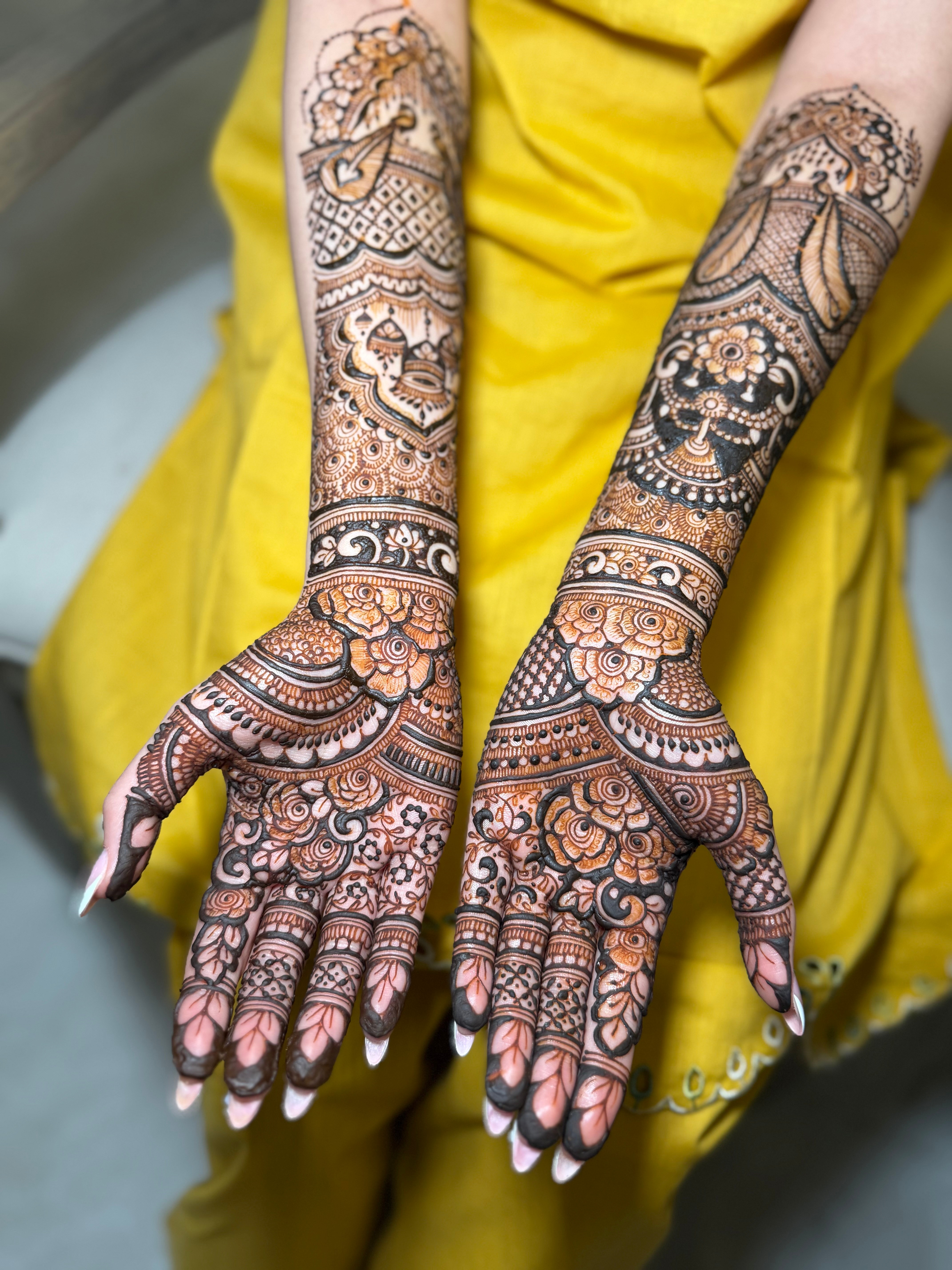 Person with intricate henna designs on hands and arms, wearing a yellow garment, with a blurred background.