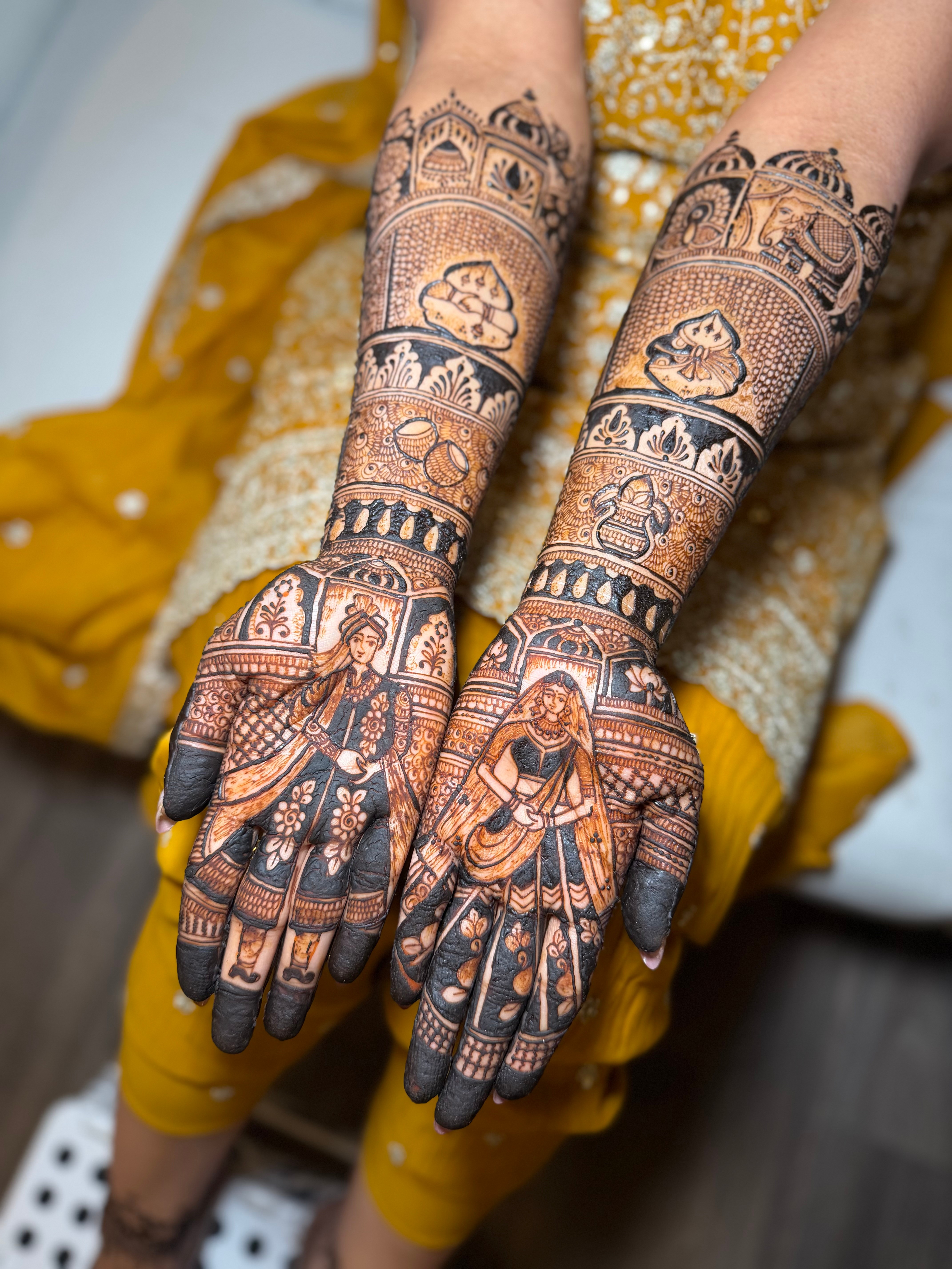 Hands with intricate henna designs featuring floral and geometric patterns, extending to forearms, with a yellow and white outfit in background.