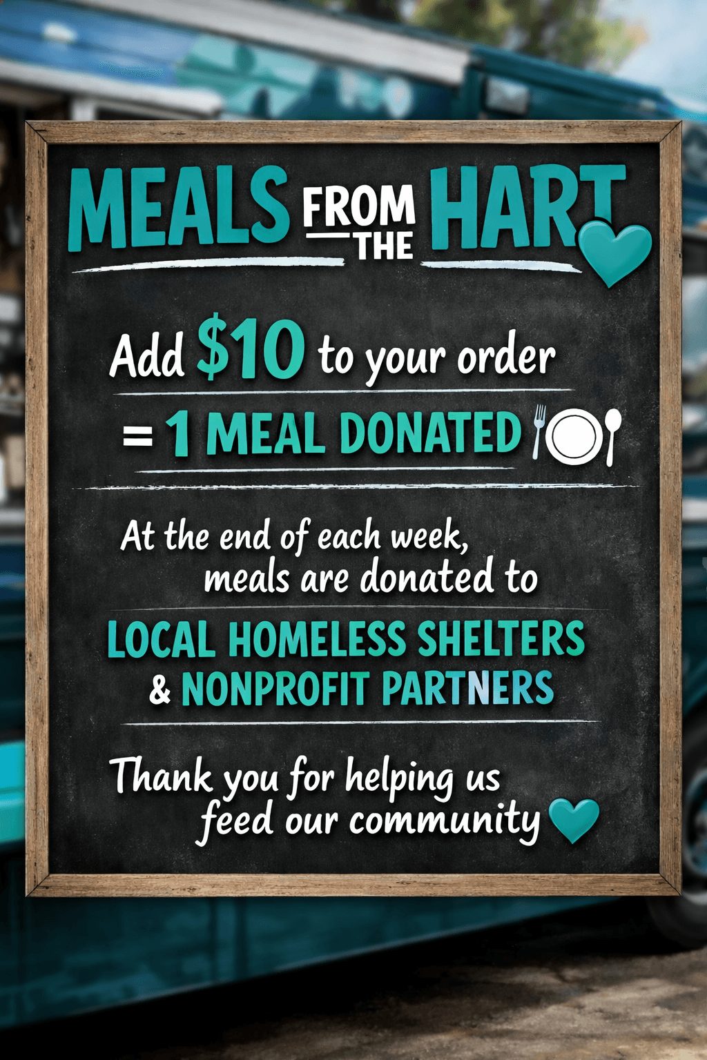 Chalkboard sign with text about meal donations and community support, featuring a heart symbol and a plate icon.