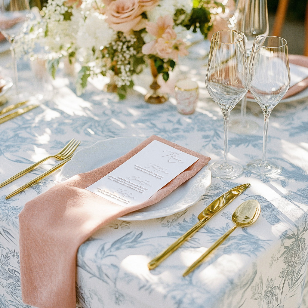 Elegant table setting with gold utensils, a menu, and floral centerpiece on a patterned tablecloth.