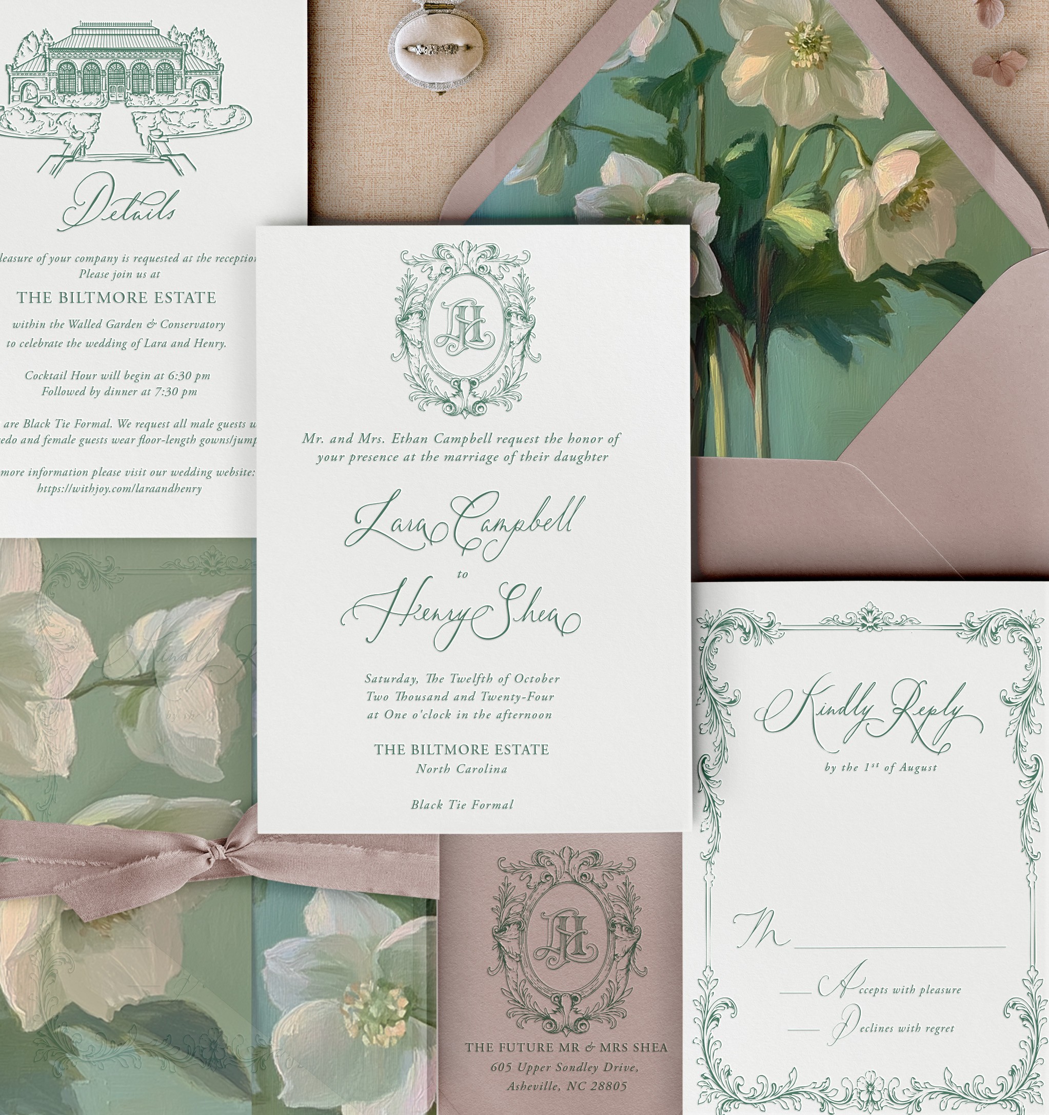 Wedding invitation with floral design, elegant script, and matching envelope, surrounded by additional stationery and floral elements.