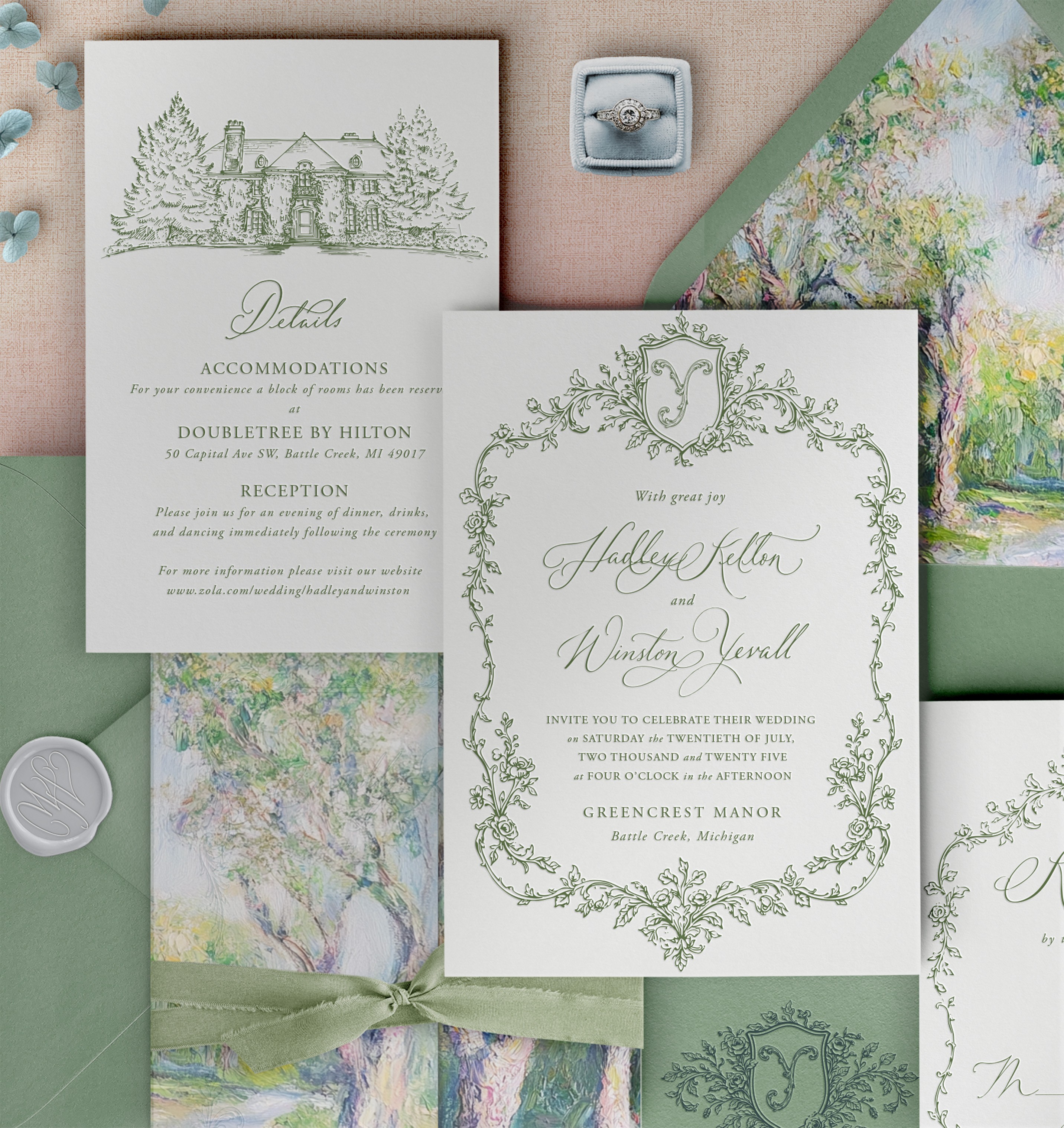 Wedding invitation cards with elegant floral and script designs, one with a green ribbon, on a beige background.