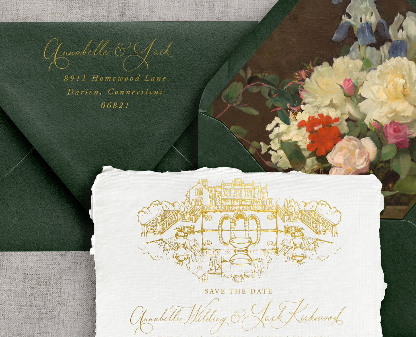 Green envelope with gold script, floral card with white and pink flowers, and a torn-edge save-the-date card with gold illustration.