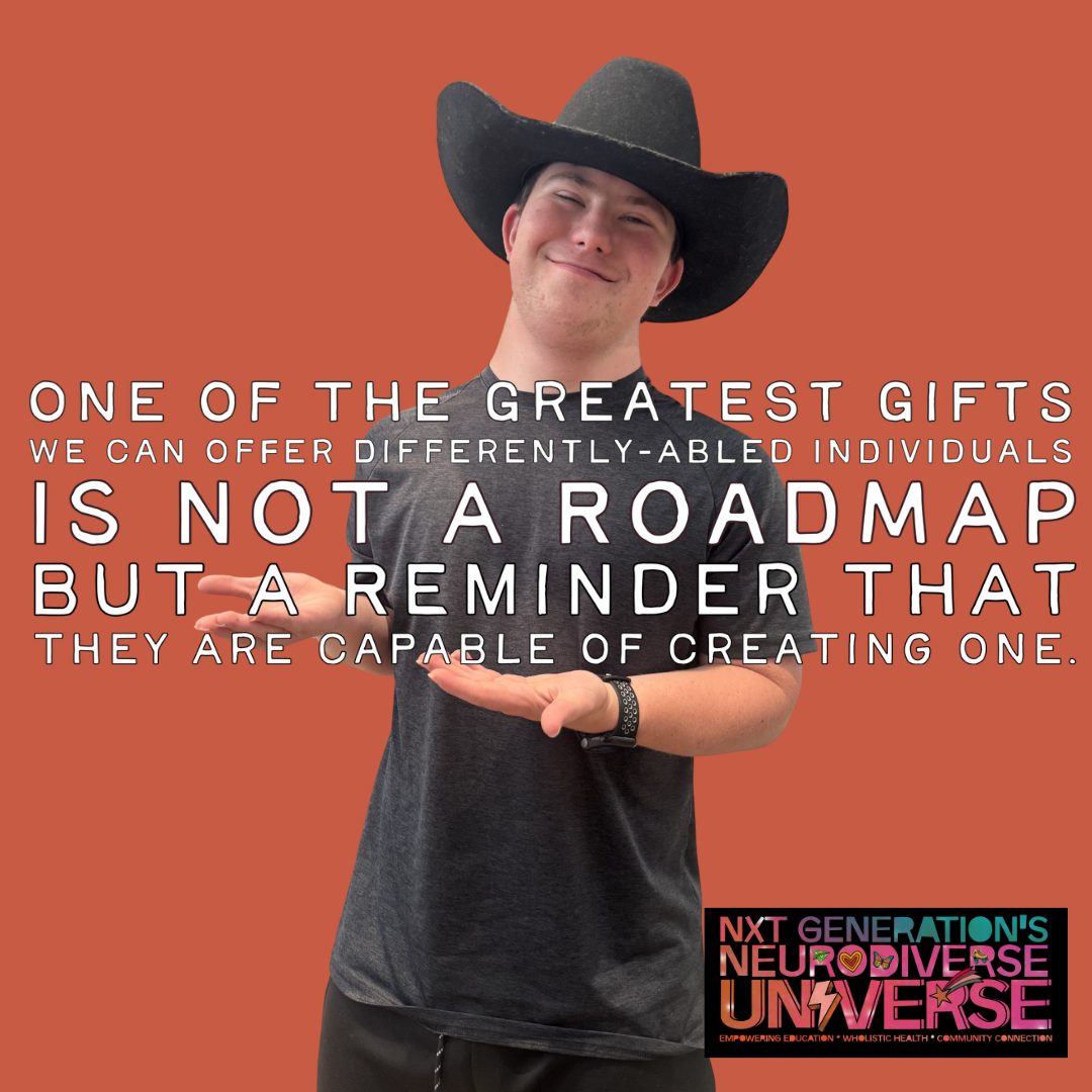 Smiling person wearing a large hat, holding a small object, with text about gifts and creating one, on a reddish background.