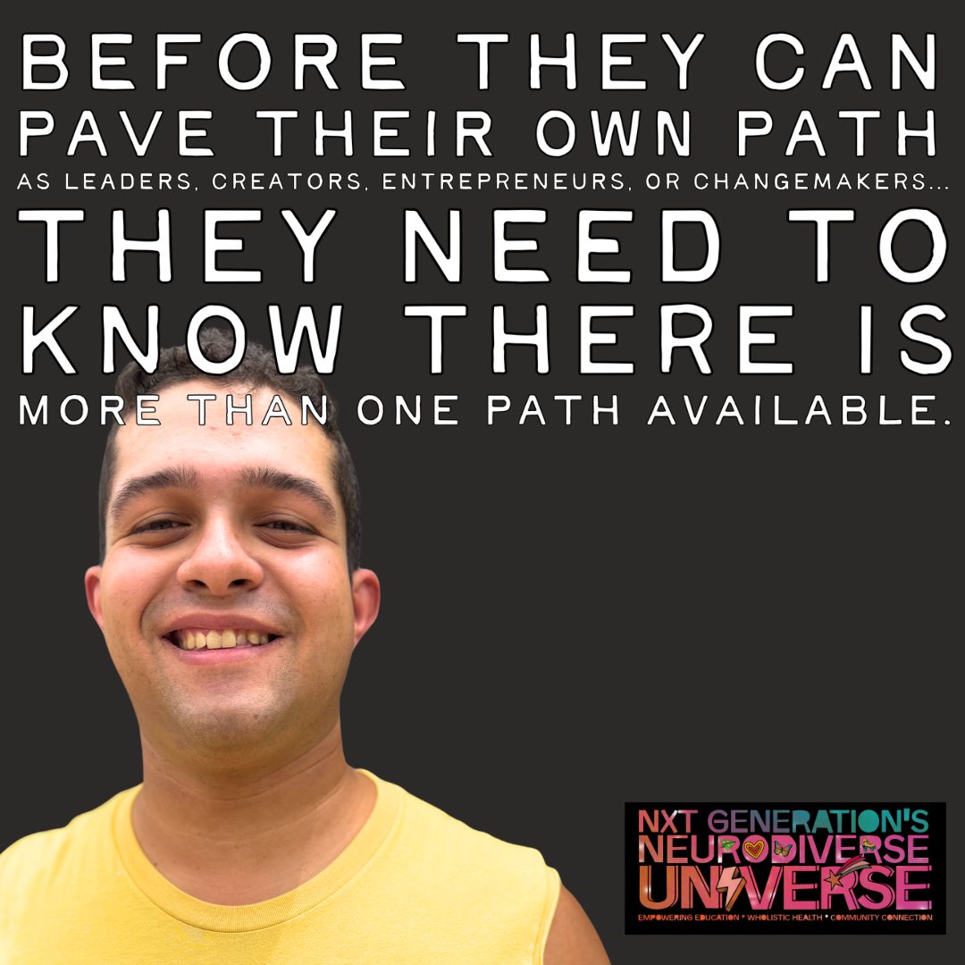 Smiling young man in yellow shirt with motivational quote background, black and white text, and colorful logo. Word count: 24.