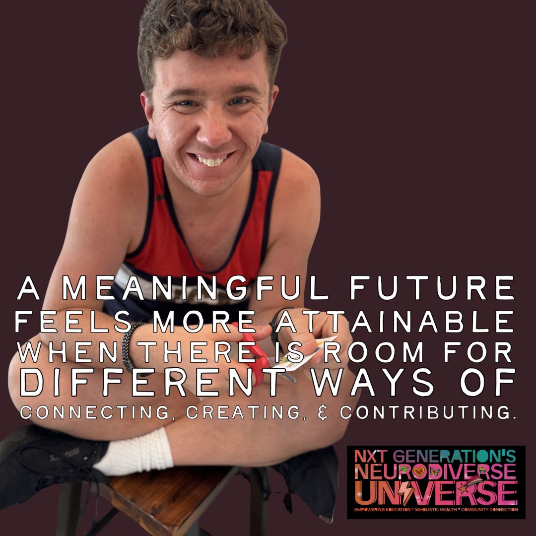 Young man smiling, wearing a sports jersey, sitting with arms crossed, dark background, colorful text overlay about future and connection.