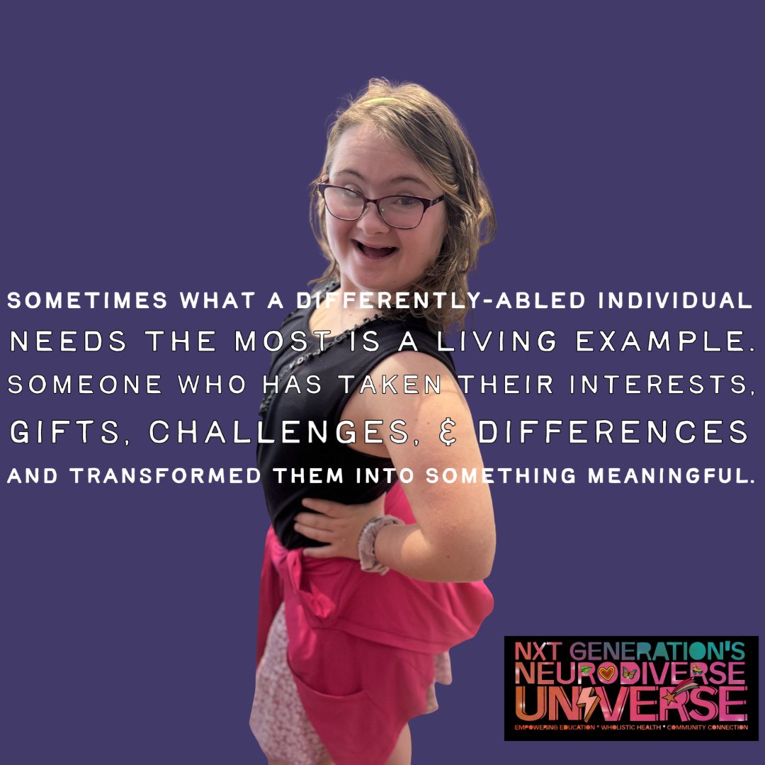 Young girl with glasses smiling, wearing a pink skirt and black top, standing against a purple background with text overlay.