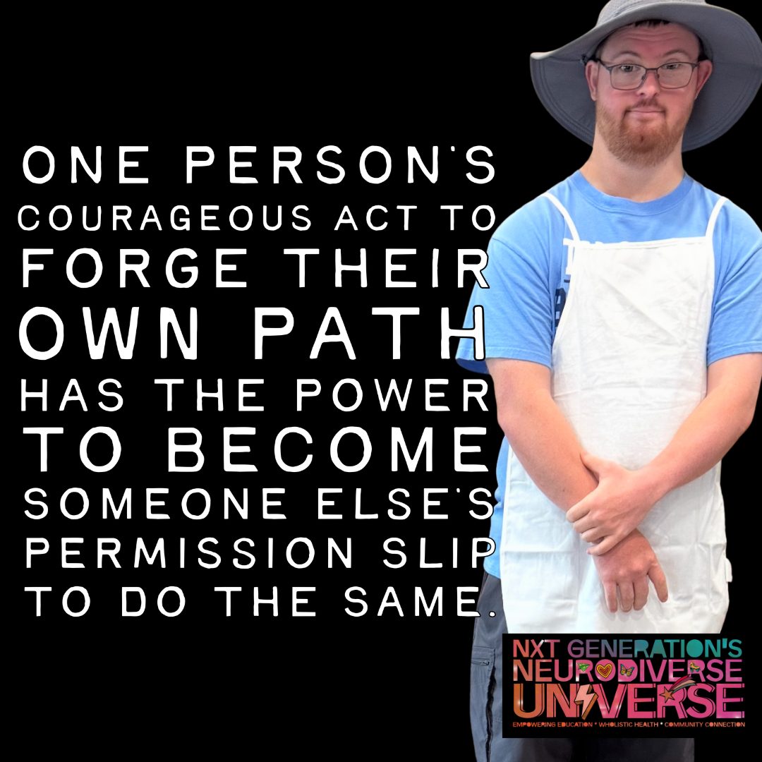 Person wearing a hat and apron standing next to a quote about courage and self-empowerment, with colorful text at the bottom right.