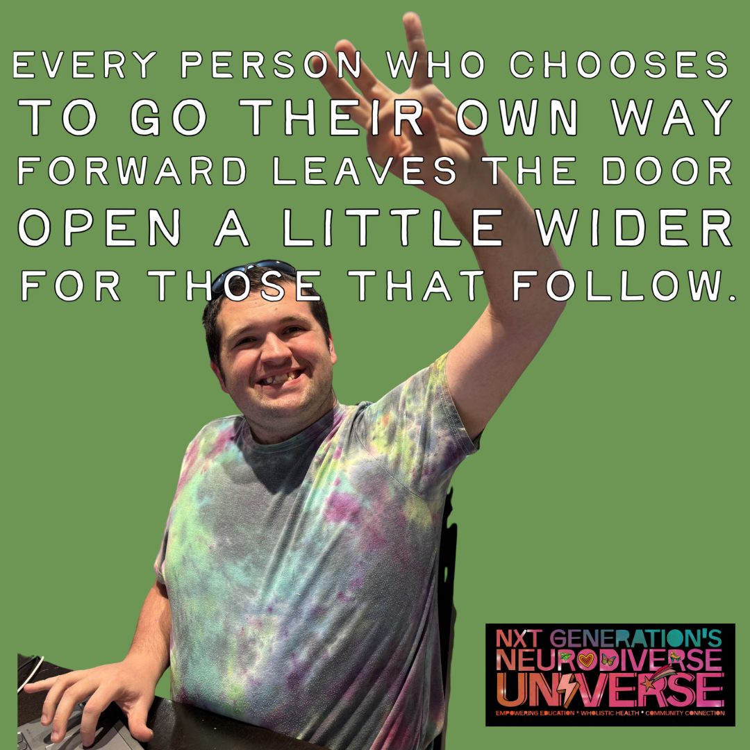 Person smiling and raising hand, with motivational quote and colorful background.