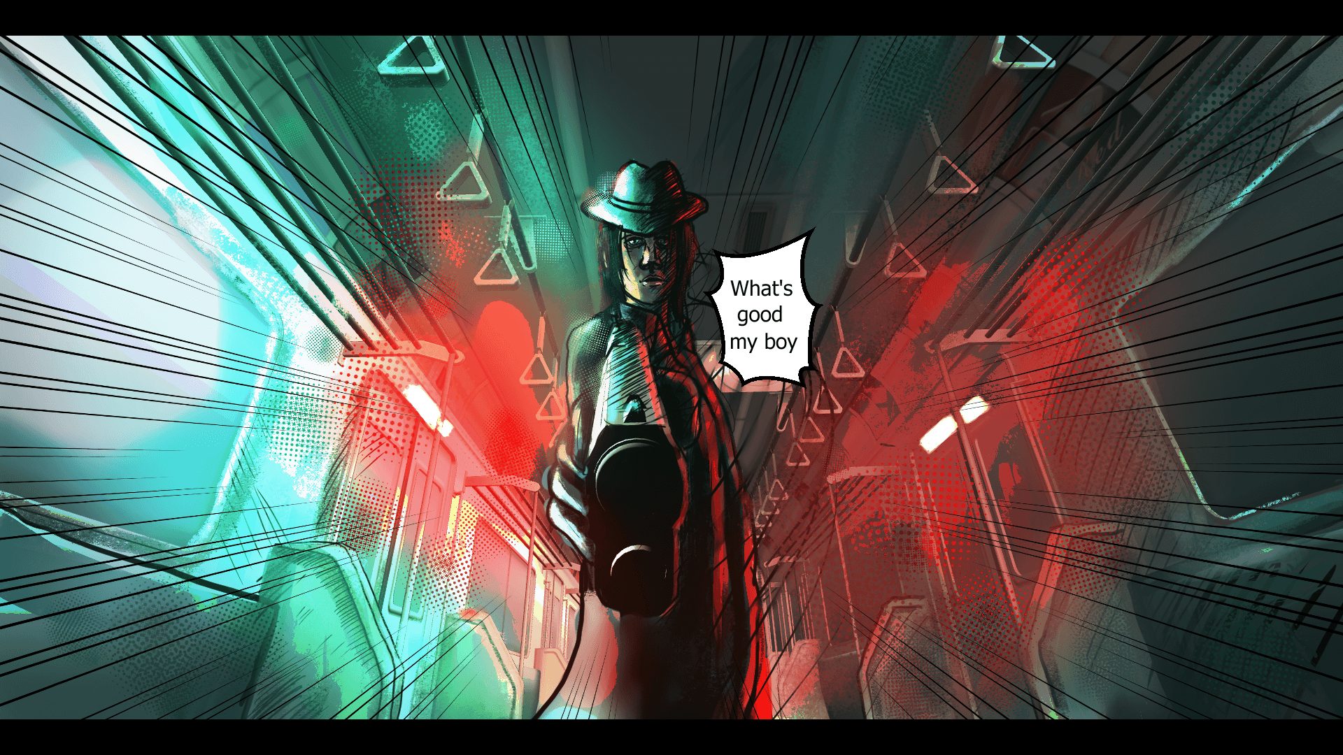 Person wearing a hat and backpack stands in a colorful, abstract environment with neon lights, saying, 'What's good my boy.'