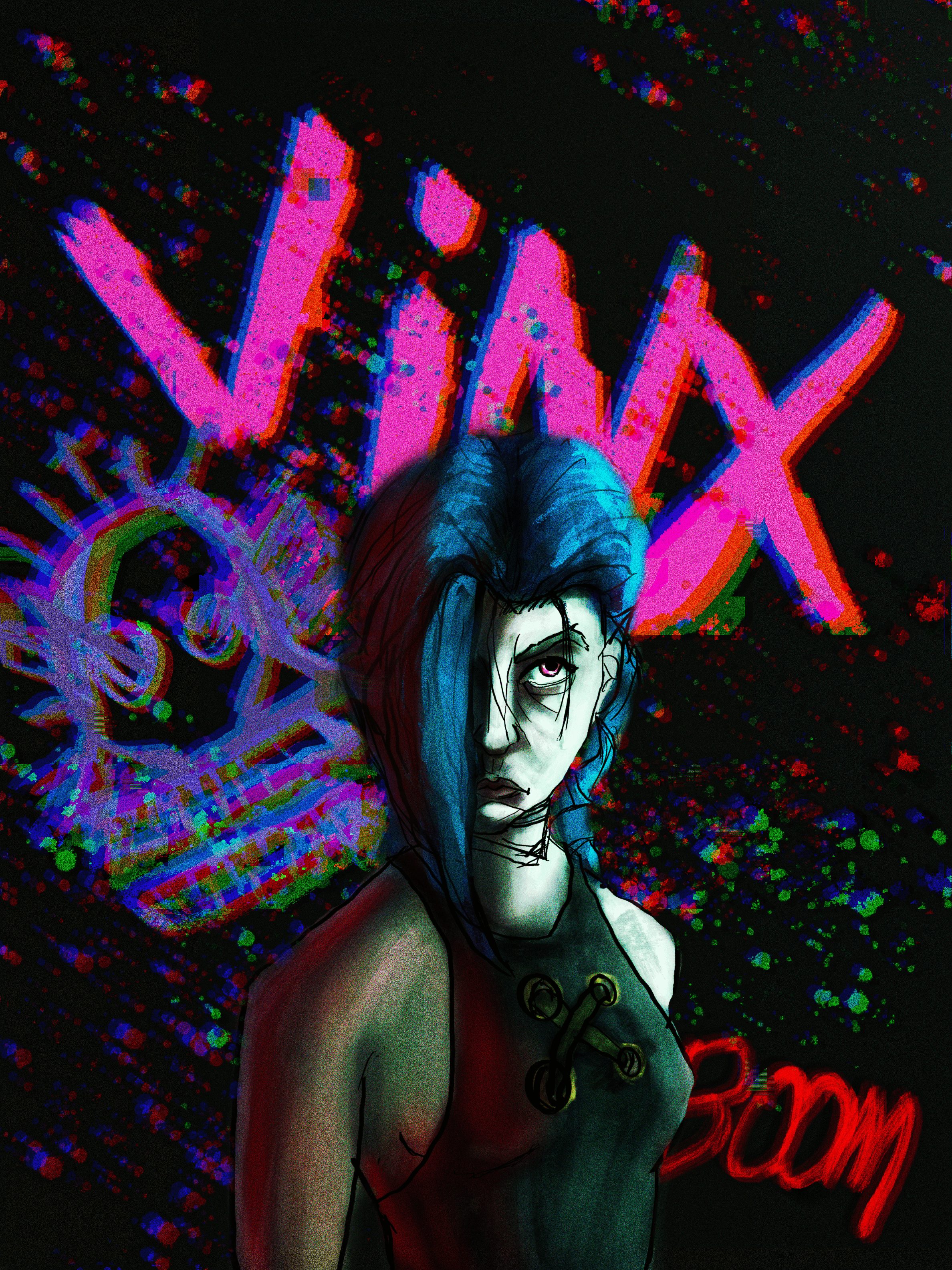 A woman with blue hair and a choker stands in front of a colorful, glitchy background with the word 'VIX' in pink.