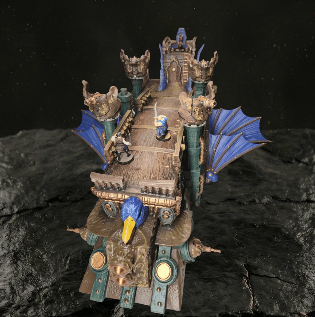 A detailed fantasy-style ship with dragon and castle elements, floating above a dark rocky surface, with wings and decorative features.