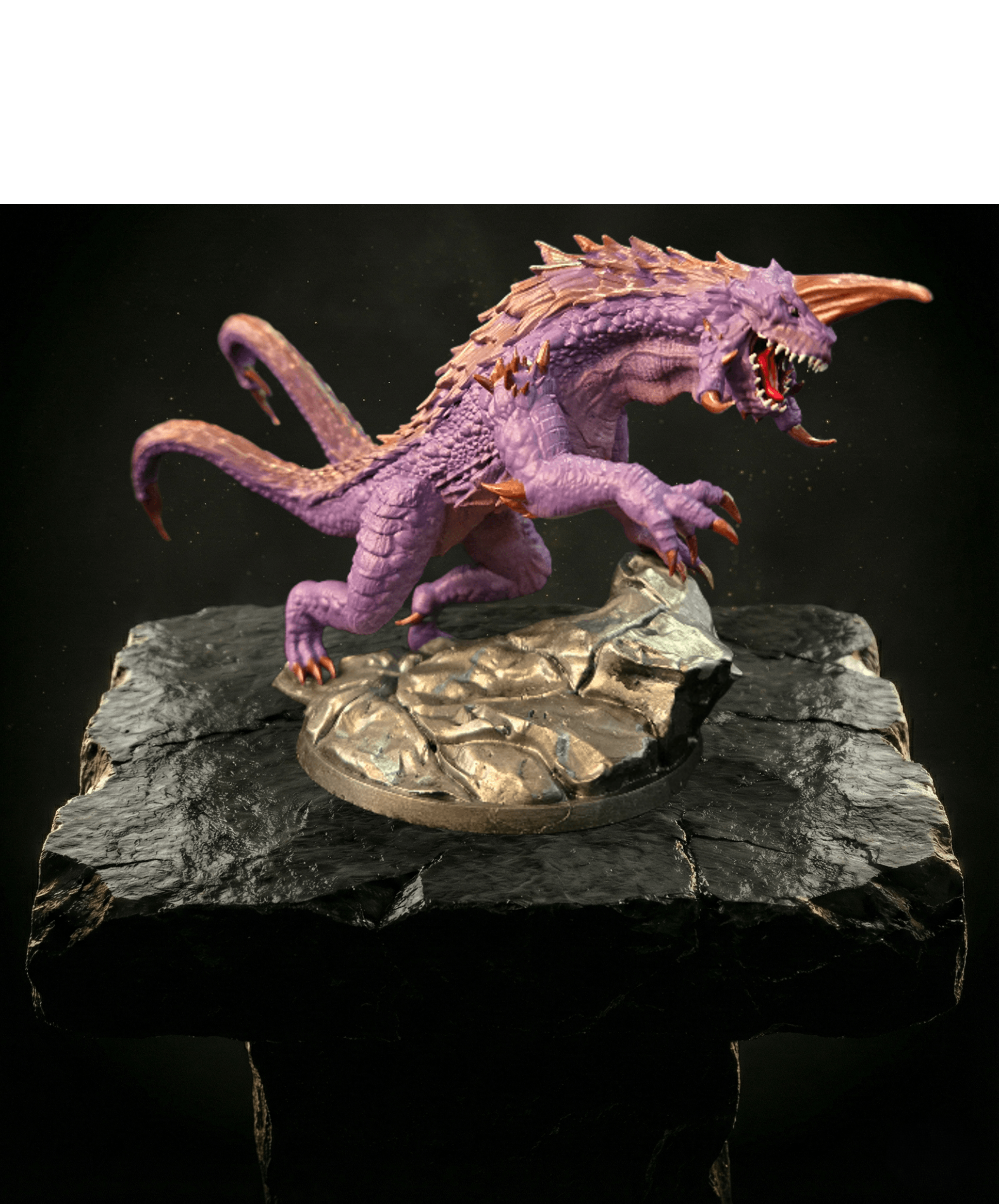 A detailed model of a purple, multi-headed creature with a dragon-like head and tentacle-like appendages, standing on a rocky base.