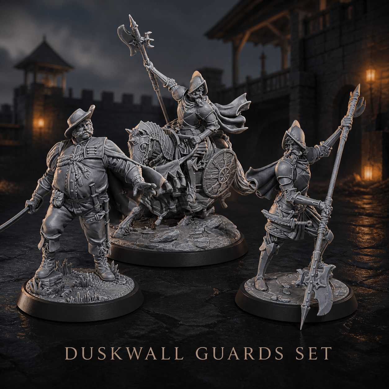Three detailed miniature figures of guards in armor and cloaks, with weapons, standing on bases against a dark background.