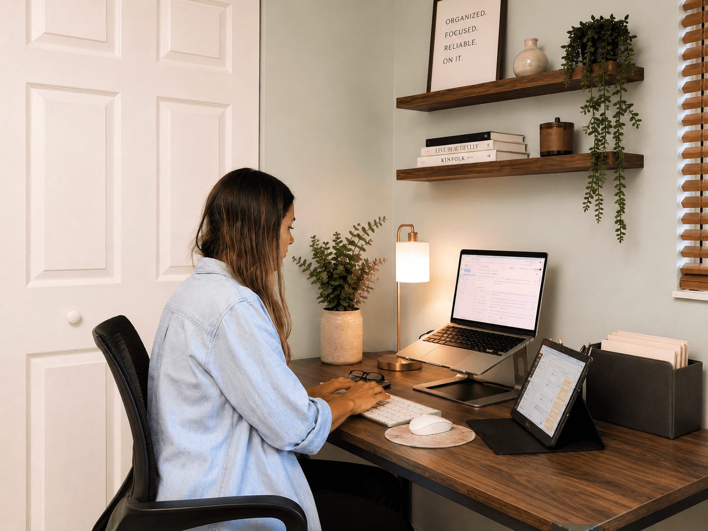 Woman working at a desk with a laptop, tablet, and books, in a room with shelves and decor, natural light.