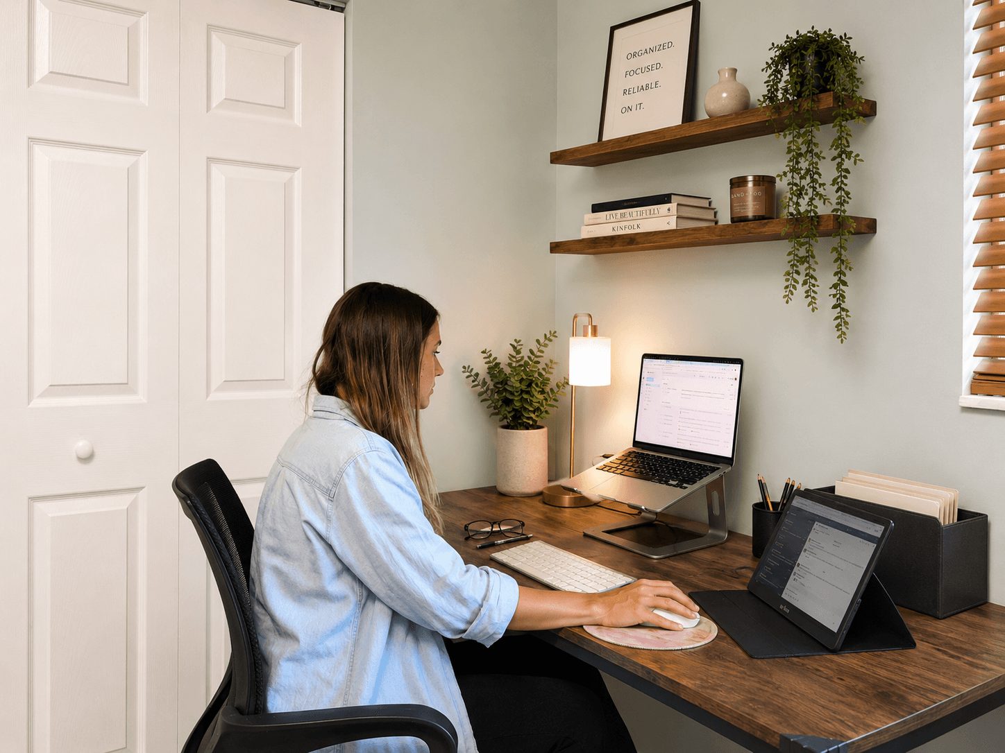 Woman working at a desk with a computer, tablet, and shelves on a light green wall.