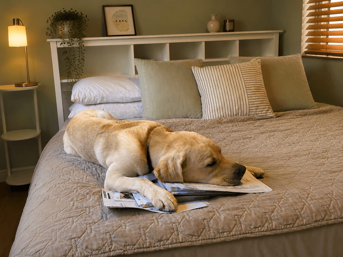 Labrador dog lying on a bed with newspapers, resting its head on a pillow, in a cozy bedroom.