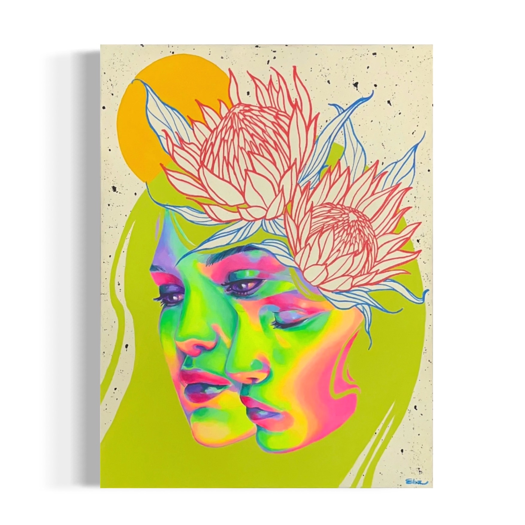 Three colorful faces with large flowers on their heads, a yellow circle in the background, and a green backdrop.