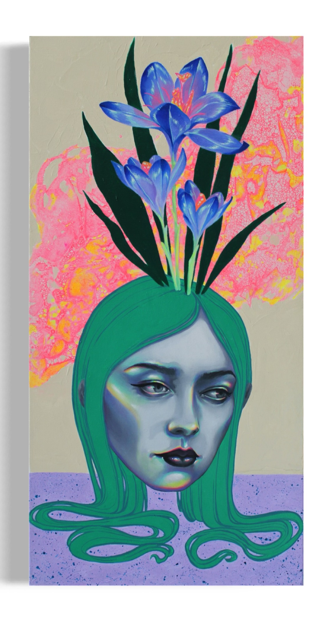 Portrait of a woman with green hair and blue iris flowers growing from her head, against a colorful background.