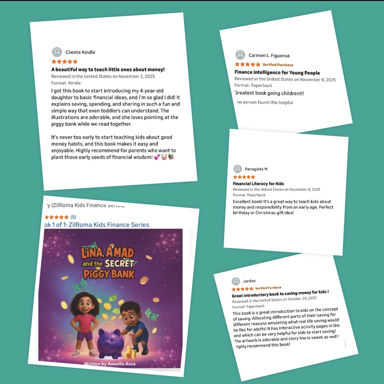Four pages of financial literacy content and a children's book cover, all tilted clockwise. The pages contain text and images related to finance and children's stories.