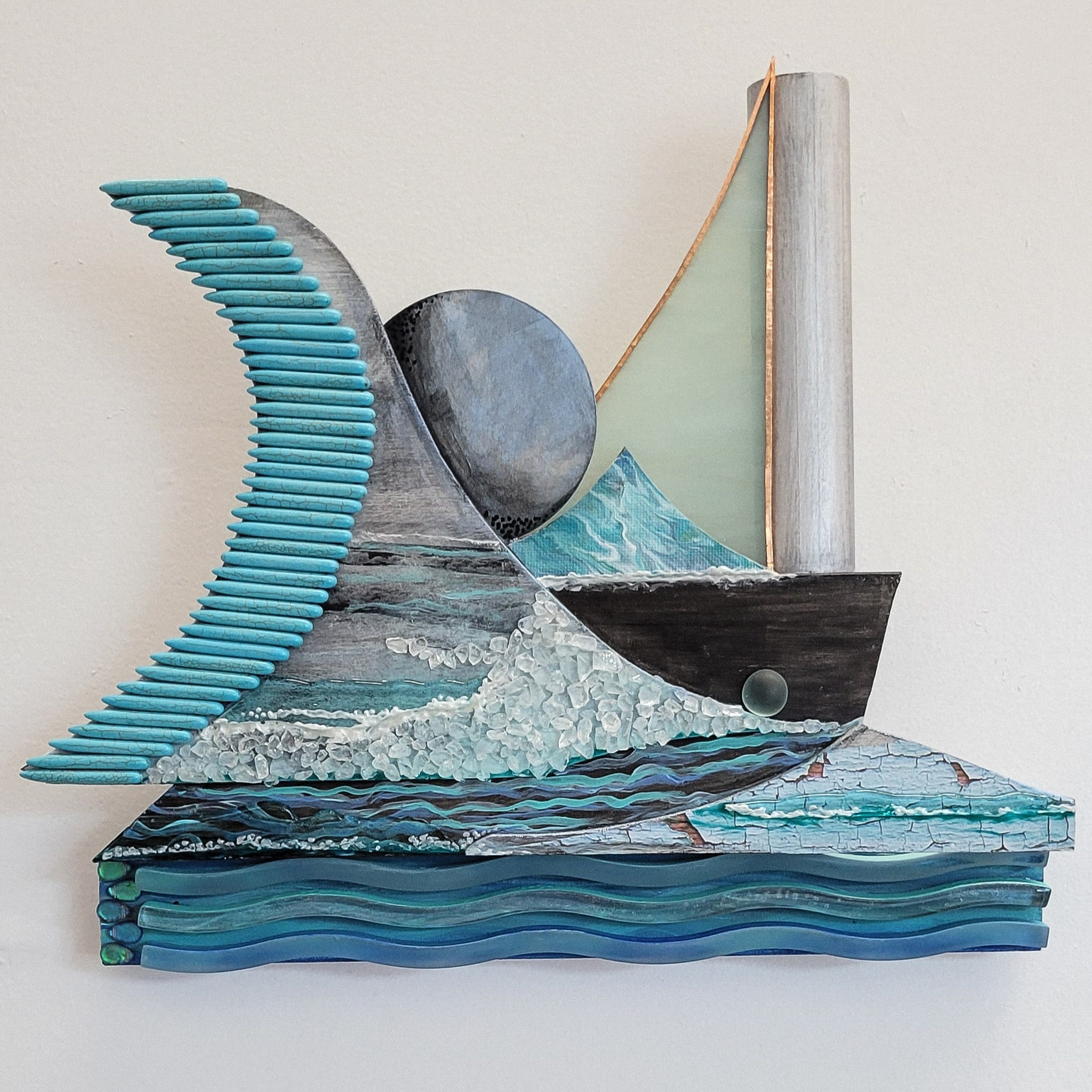 Mixed media artwork of a sailboat on water with abstract shapes and textures, including a large circle and curved elements.