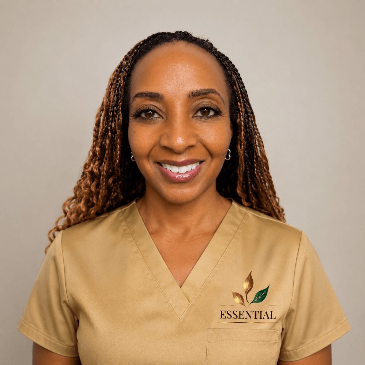 Woman with braided hair smiling, wearing beige scrubs with 'ESSENTIAL' logo, neutral background.
