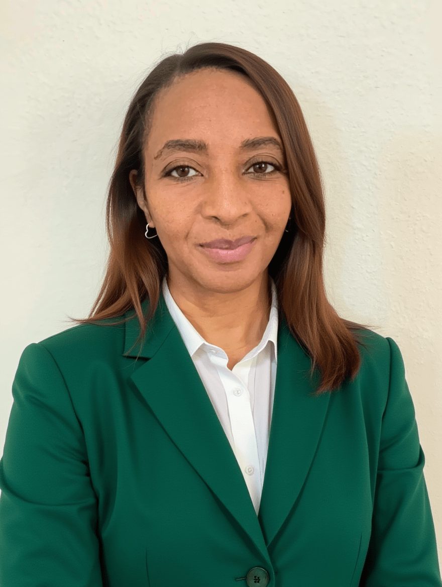 Woman with shoulder-length hair wearing a green blazer and white shirt, standing against a light background.