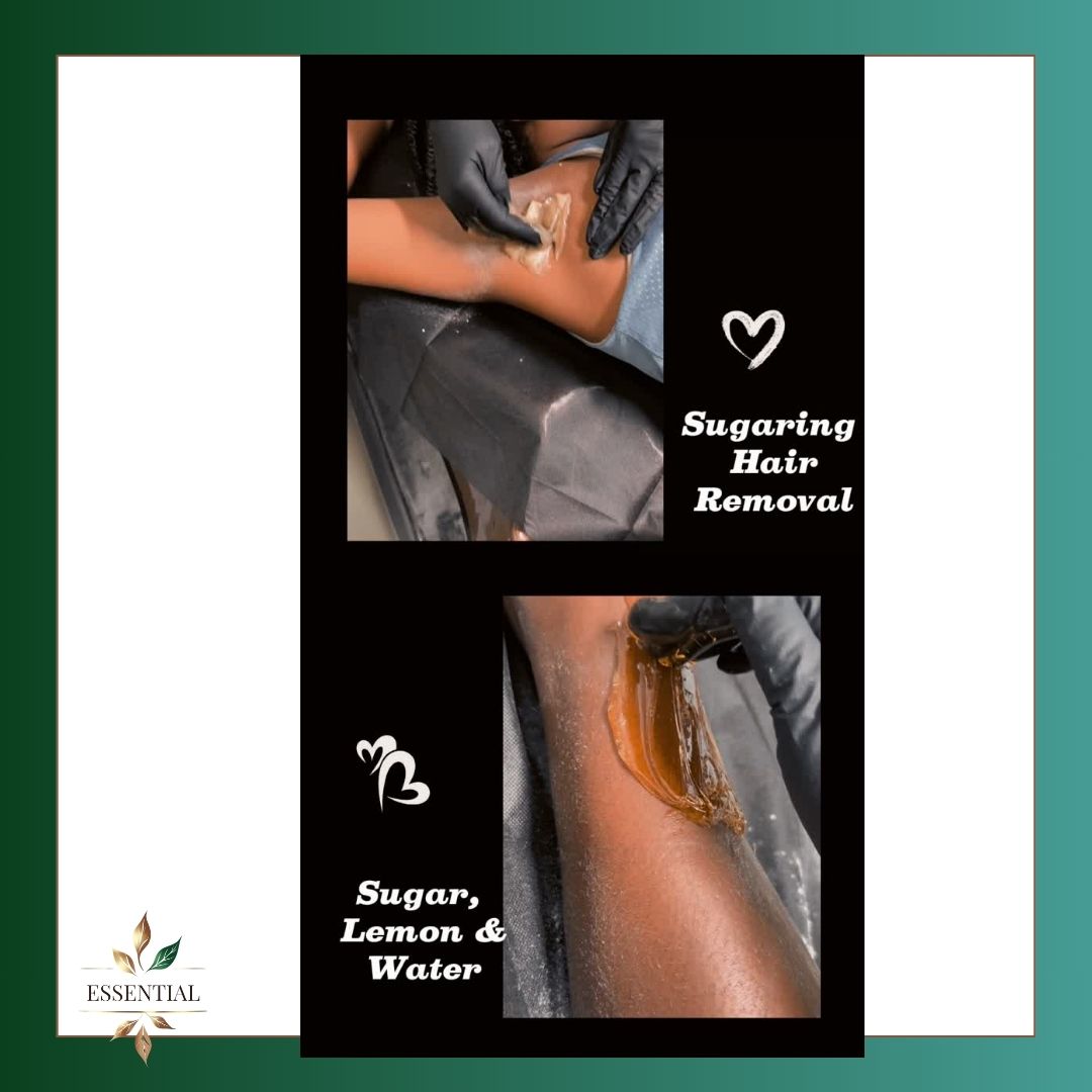 Two images showing hair removal process; one with a person applying wax, the other with wax on leg. Text mentions sugaring hair removal, sugar, lemon, and water.