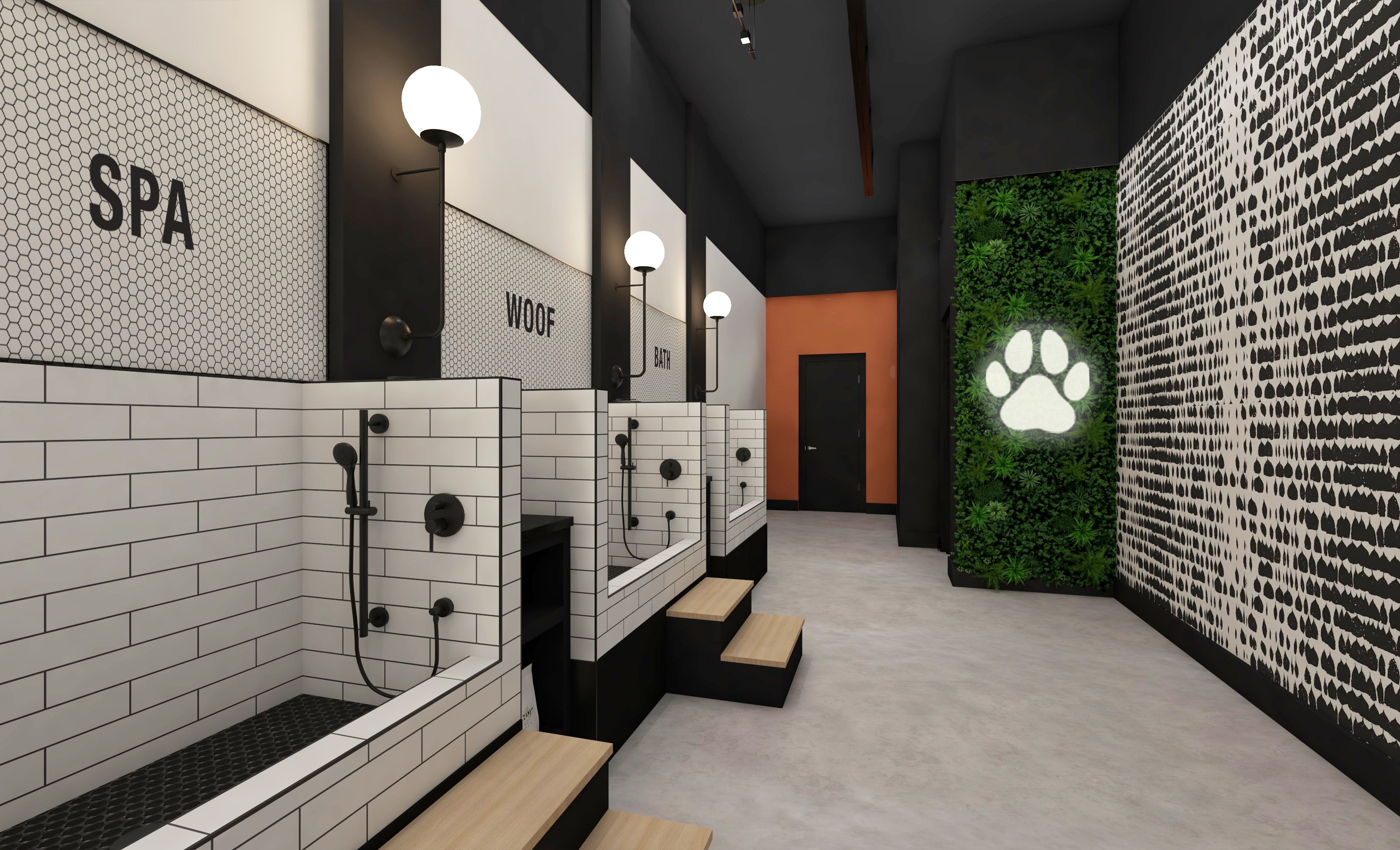 Pet grooming area with sinks, signs for spa and wood, and a paw print sign on a green wall, modern interior design.