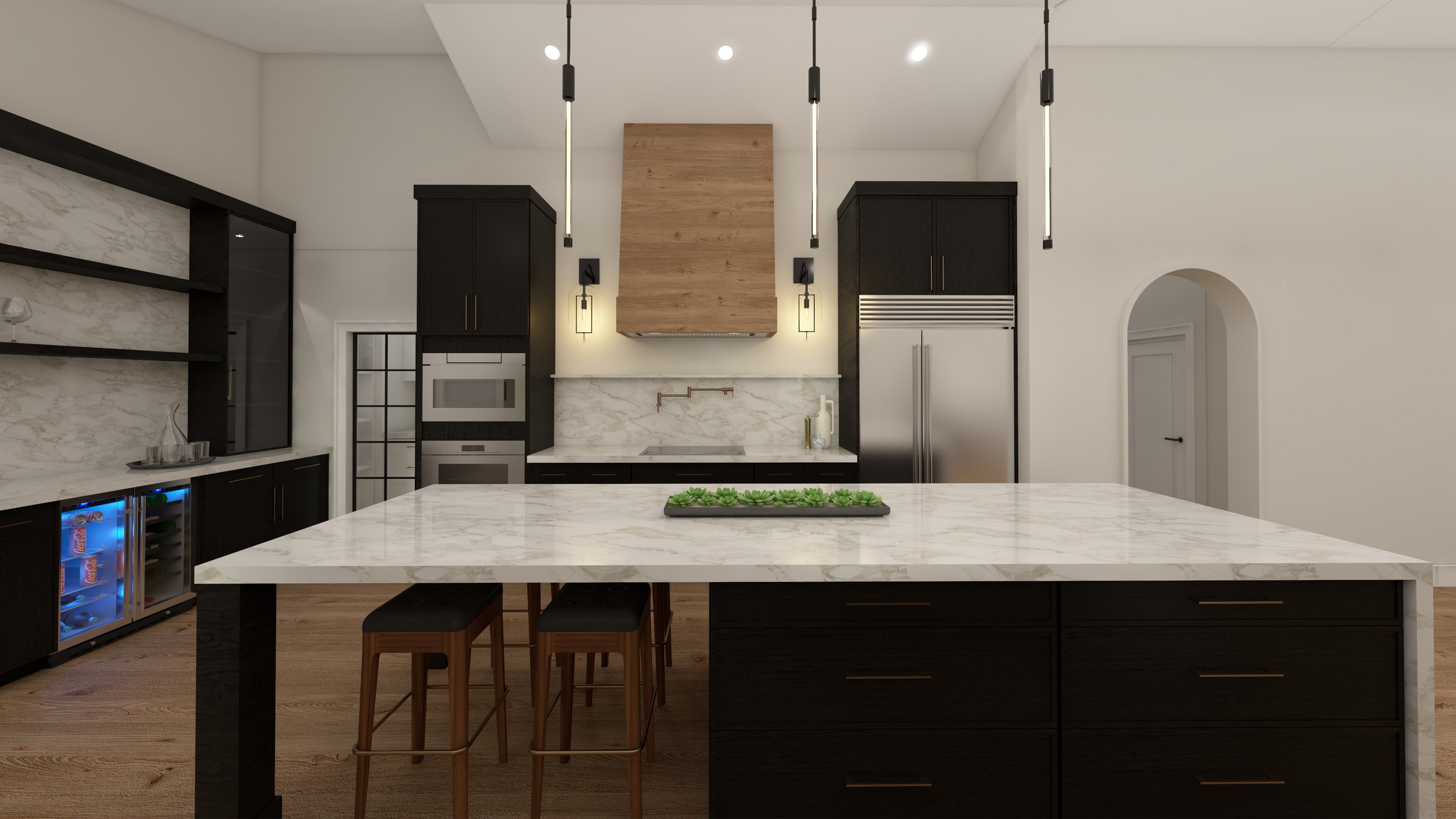 Modern kitchen with island, black cabinets, stainless steel appliances, and a wooden range hood, with pendant lights hanging above.
