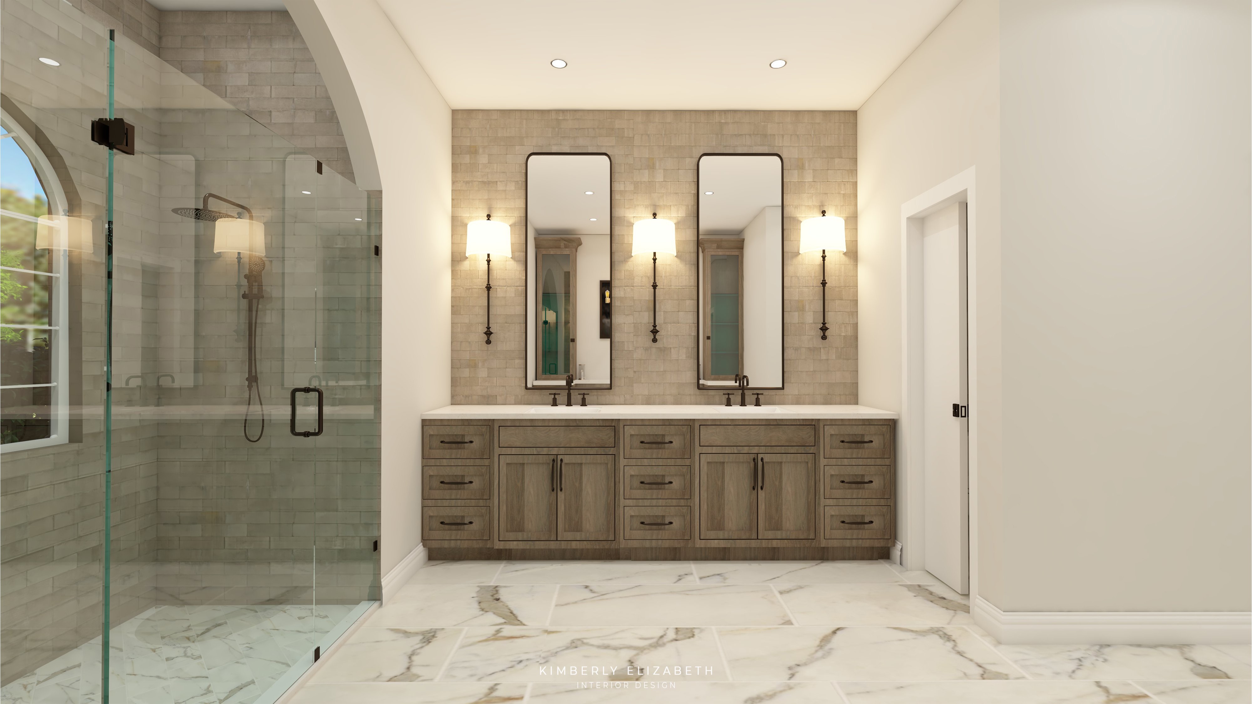Bathroom with double mirrors, lights, and a large vanity with drawers, marble floor, and a glass shower enclosure.