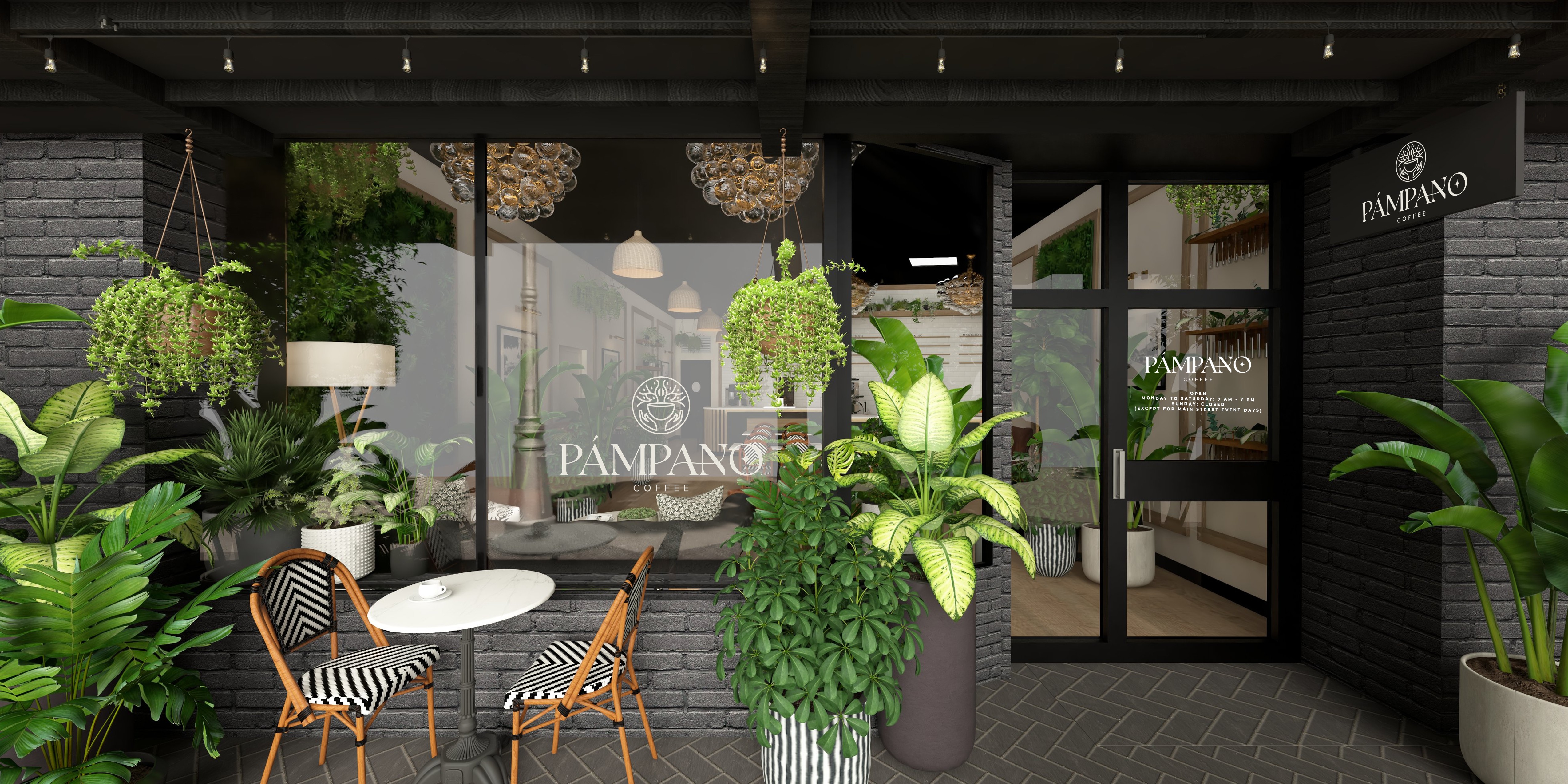 Indoor space with large glass doors, green plants, and modern decor, including hanging plants and a sign reading 'PAMPANO'.