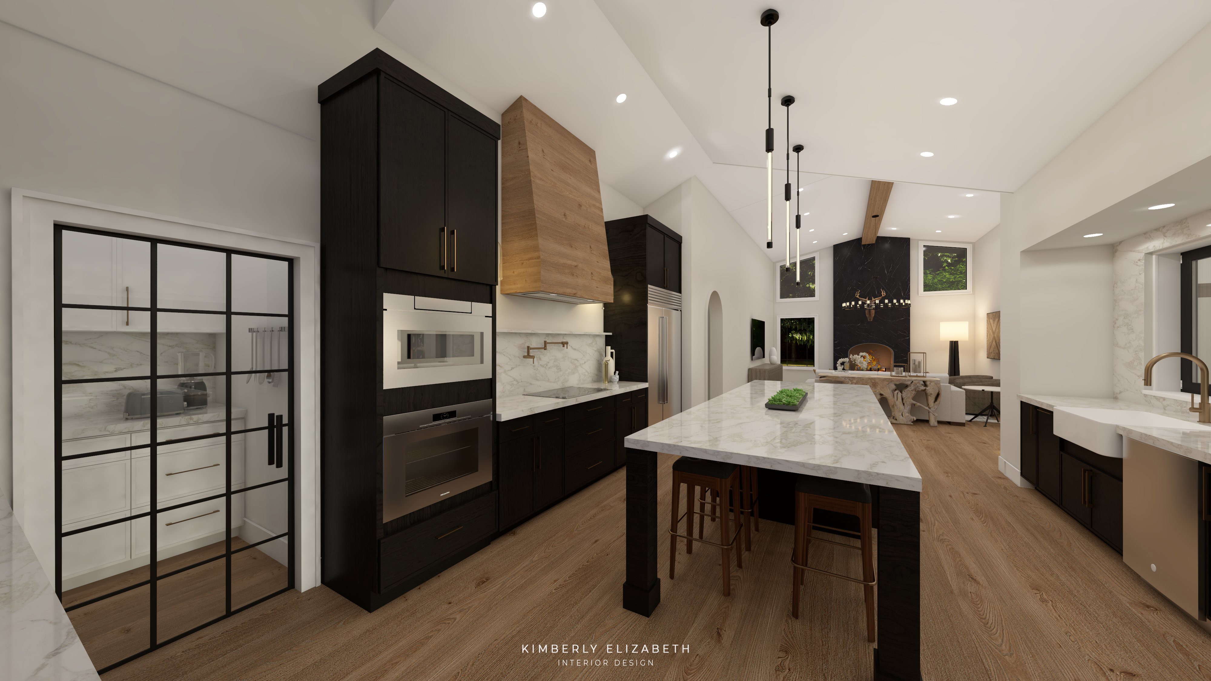 Modern kitchen with black cabinets, white marble island, and wooden accents, open to living area with large windows.