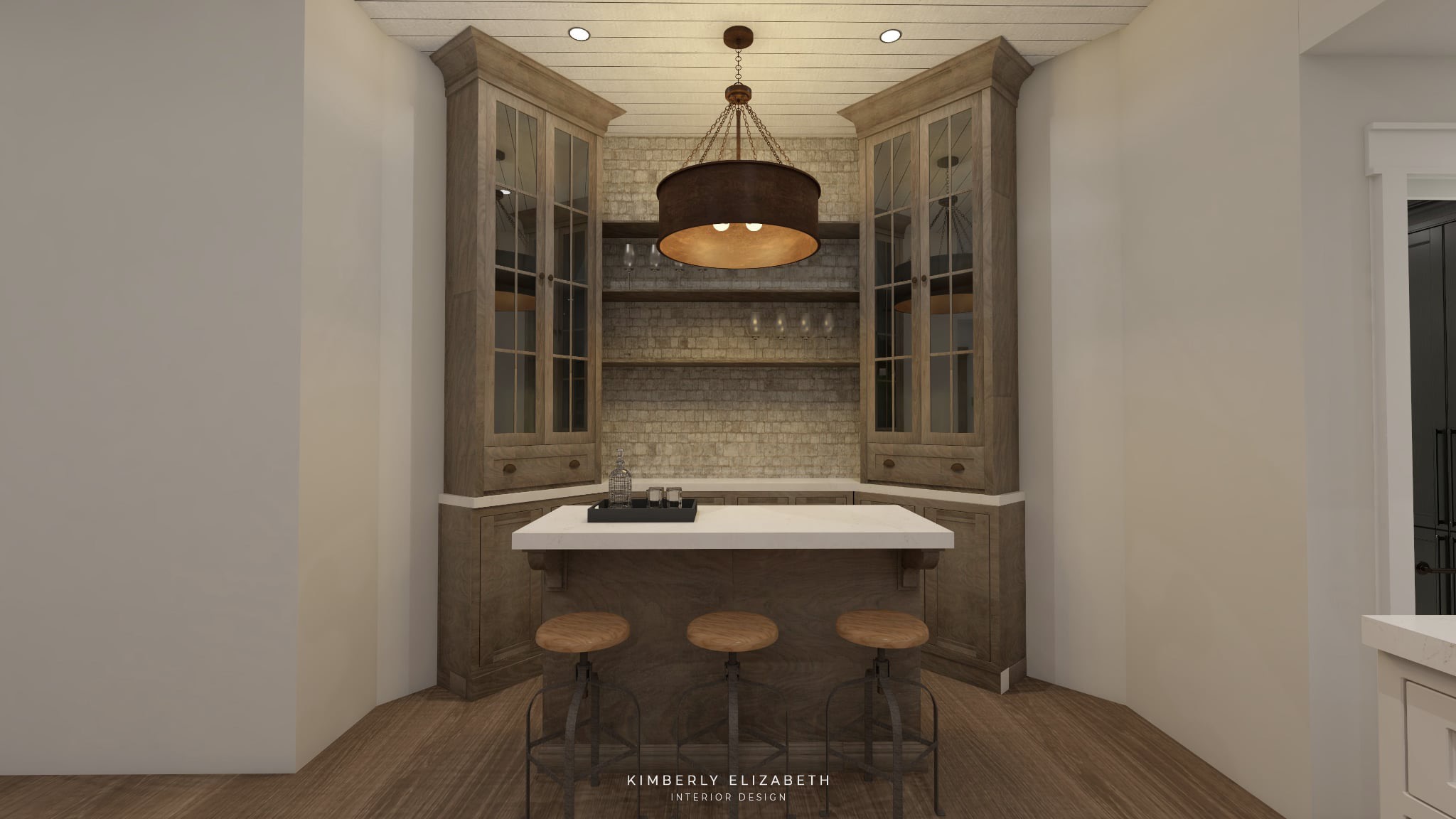 Kitchen nook with wooden cabinets, a white countertop, three stools, and a hanging light fixture, with white walls and wood flooring.