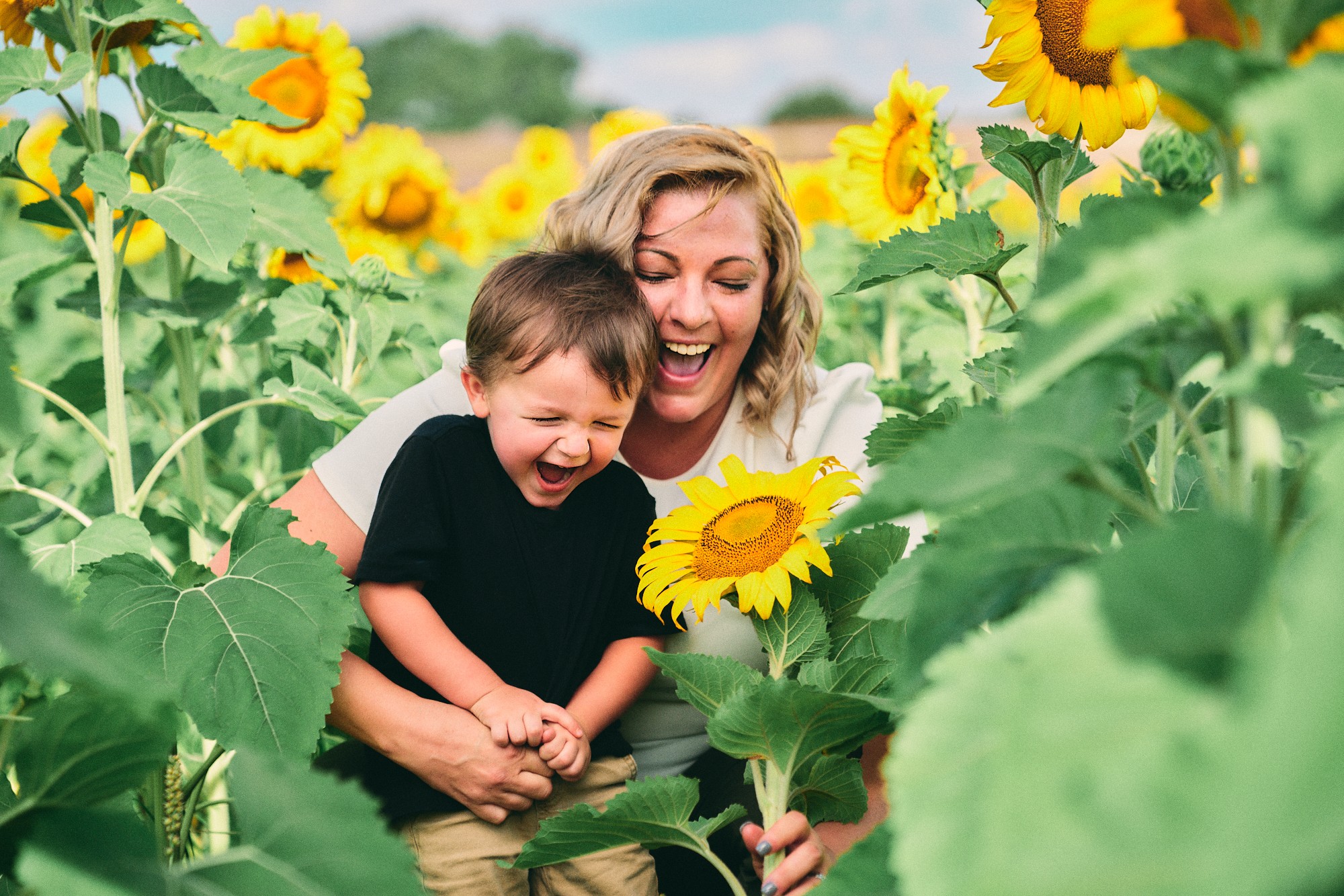 Woman and child laughing among sunflowers outdoors, holding a sunflower, bright sky in background.