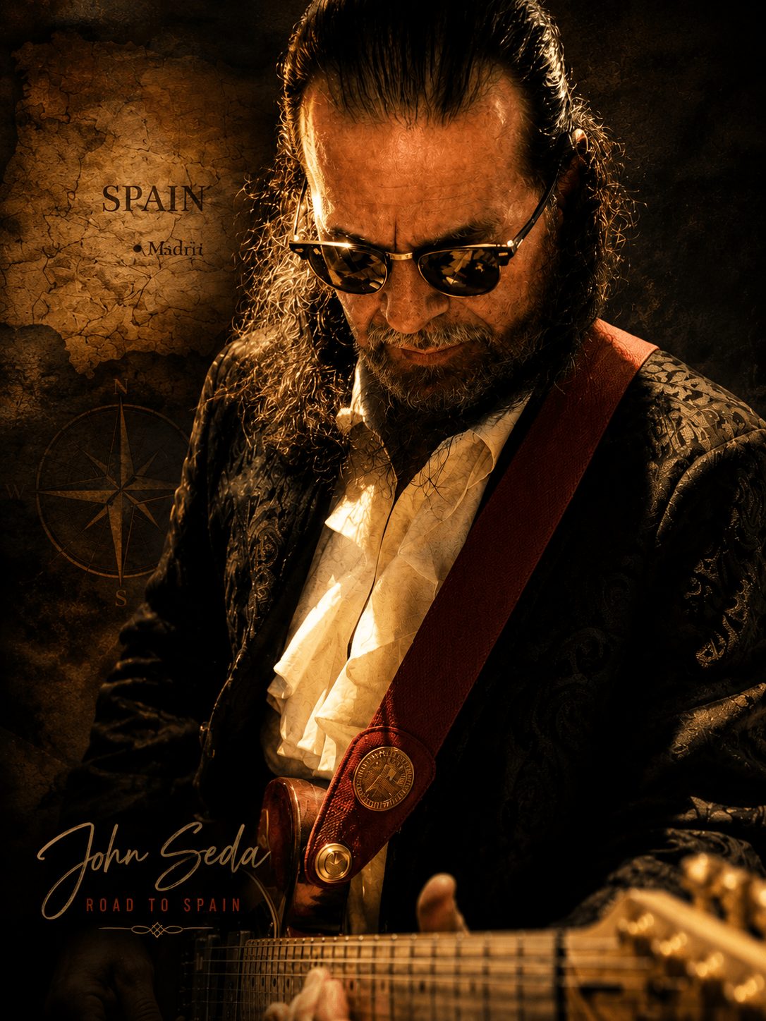 Man with long hair, sunglasses, and a guitar, wearing a white shirt and dark jacket, with a map background.