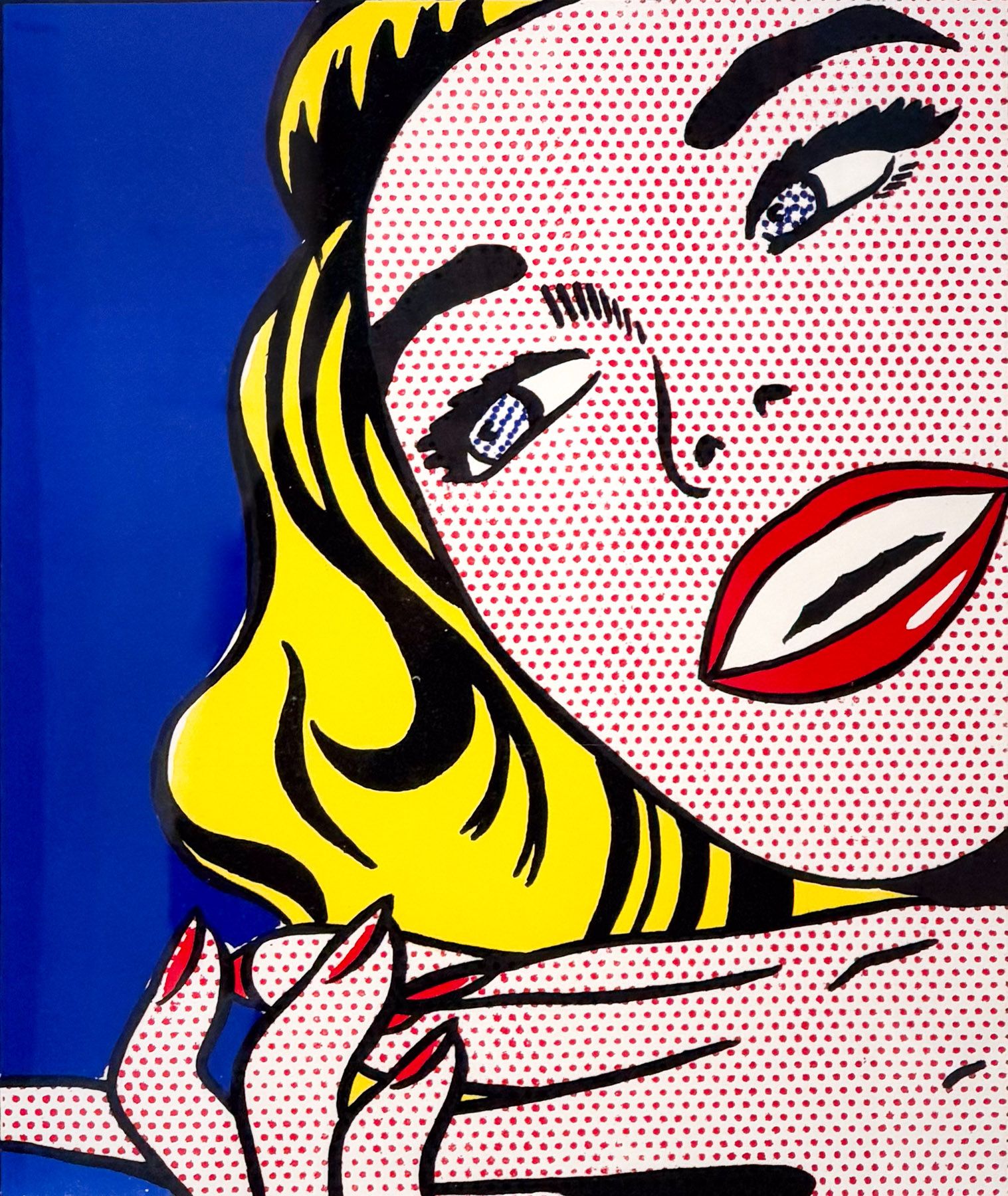Close-up of a pop art style woman's face with yellow hair, red lips, and blue background.