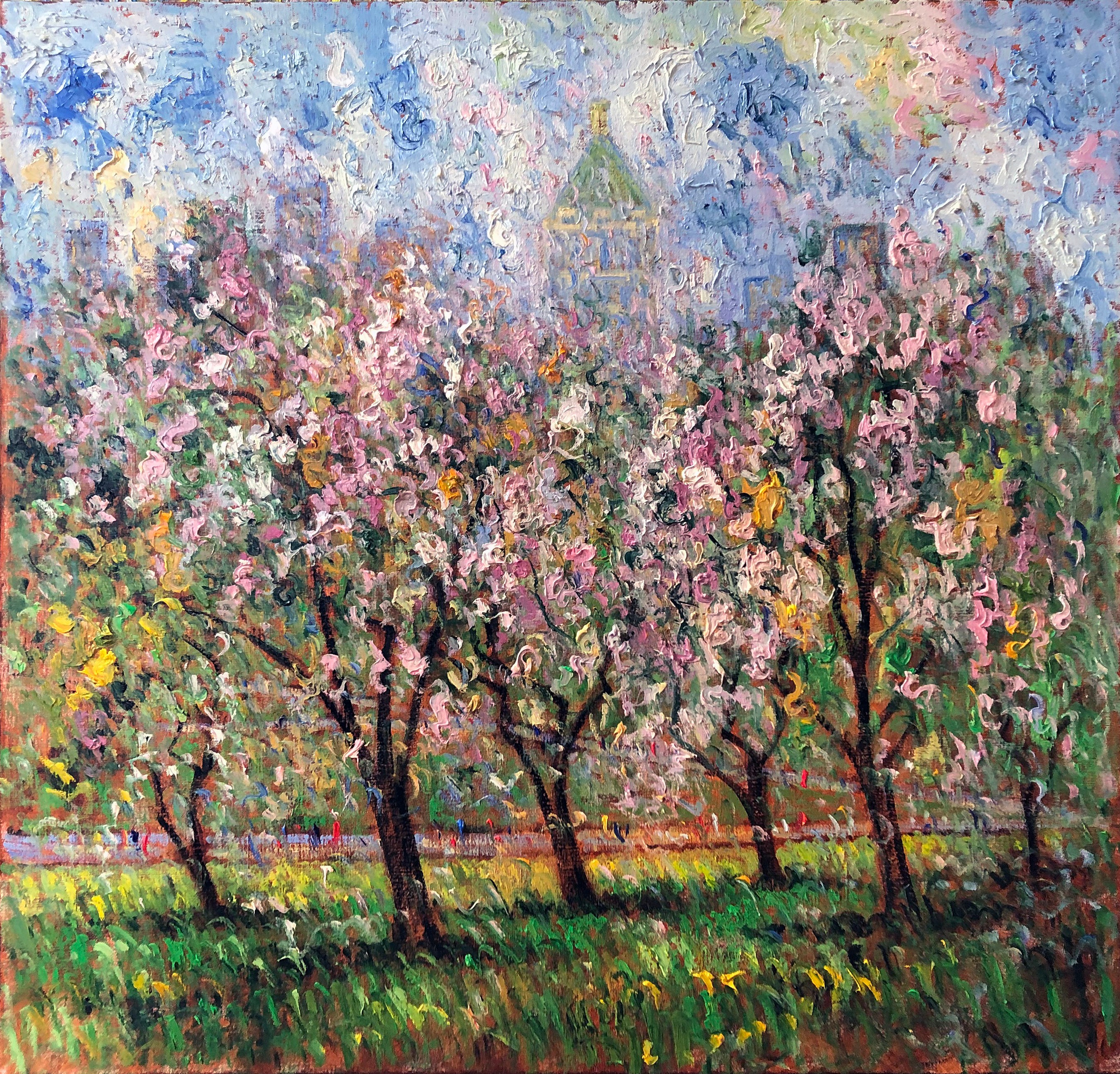 Cherry blossom trees in full bloom with a building in the background, painted in an impressionist style.