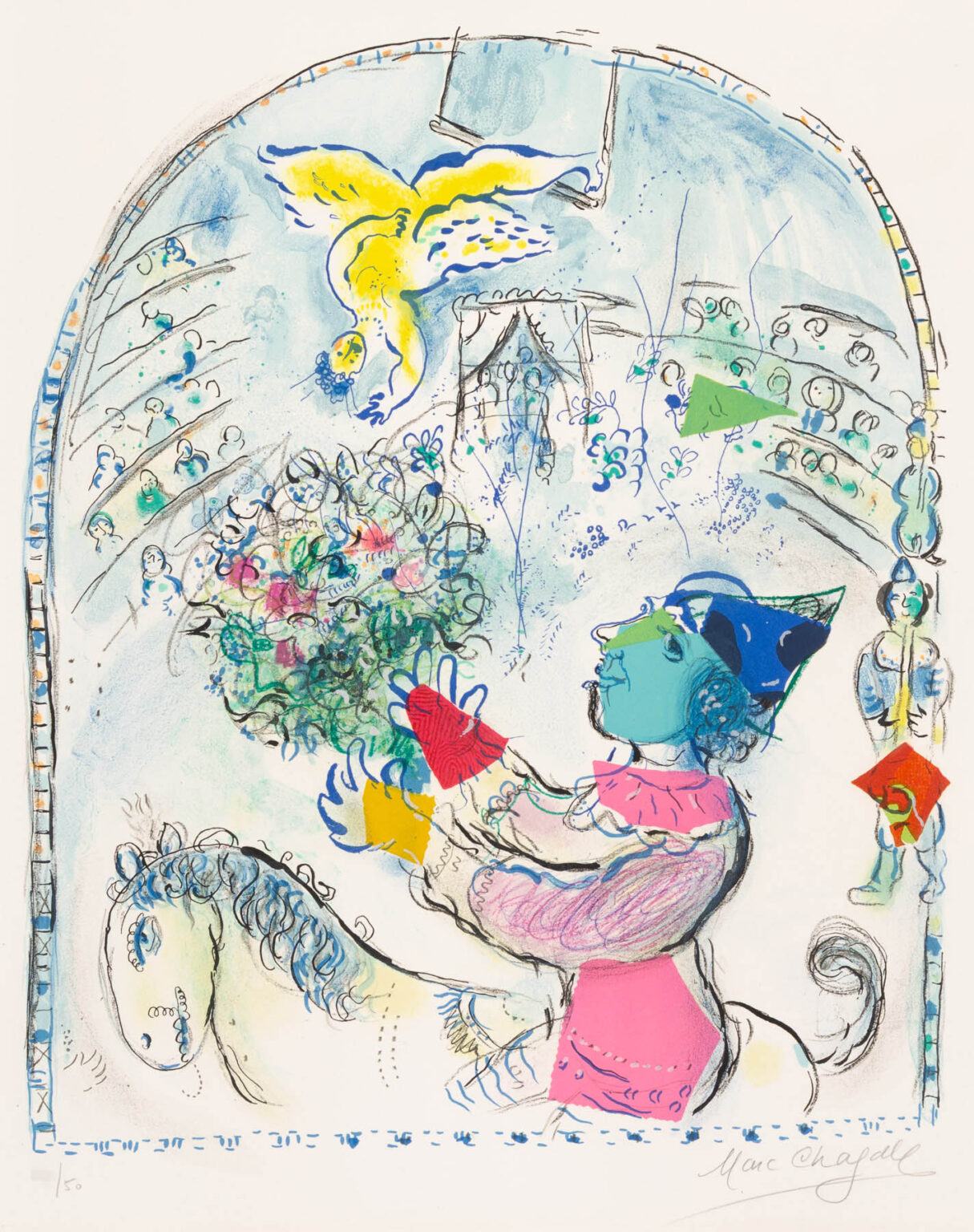 A person with blue hair and glasses rides a horse, holding a bouquet of flowers, with a yellow bird flying overhead in a circular setting.