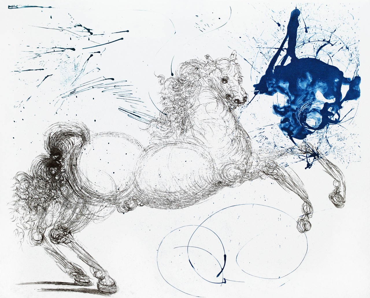 Sketch of a horse with a lion's head and a blue abstract shape near its head, on a white background.