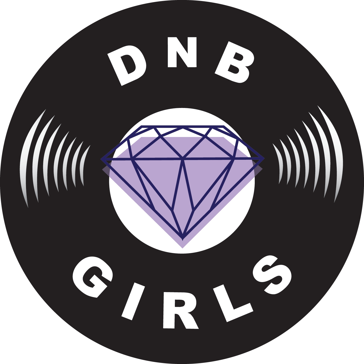 Black circular logo with a diamond in the center, surrounded by sound wave lines, and the text 'DNB GIRLS' above and below.