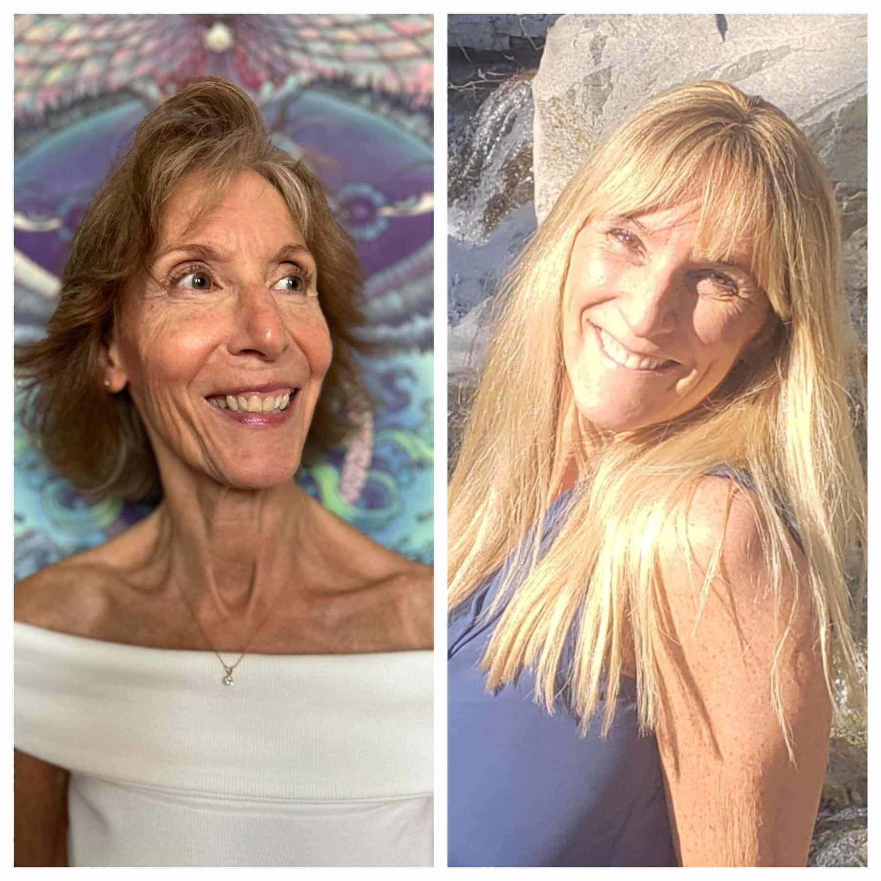 Two women smiling, one with short brown hair and the other with long blonde hair, outdoors in sunlight.