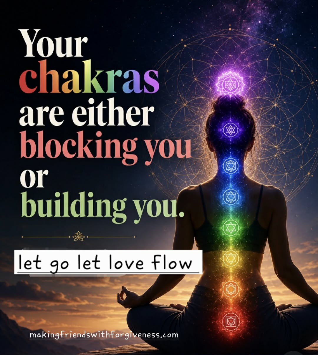 Silhouette of a person meditating with colorful chakra symbols aligned vertically, against a starry background, with text about chakras and love.