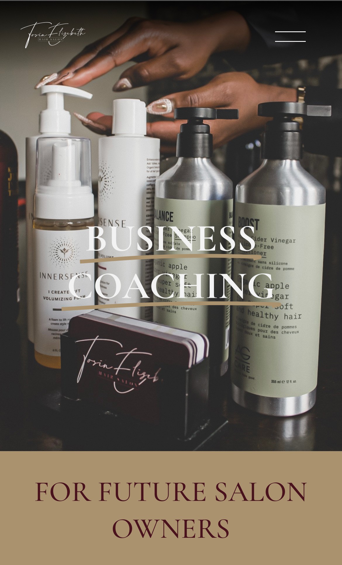 Display of hair care products and a hand with manicured nails, promoting business coaching for future salon owners.