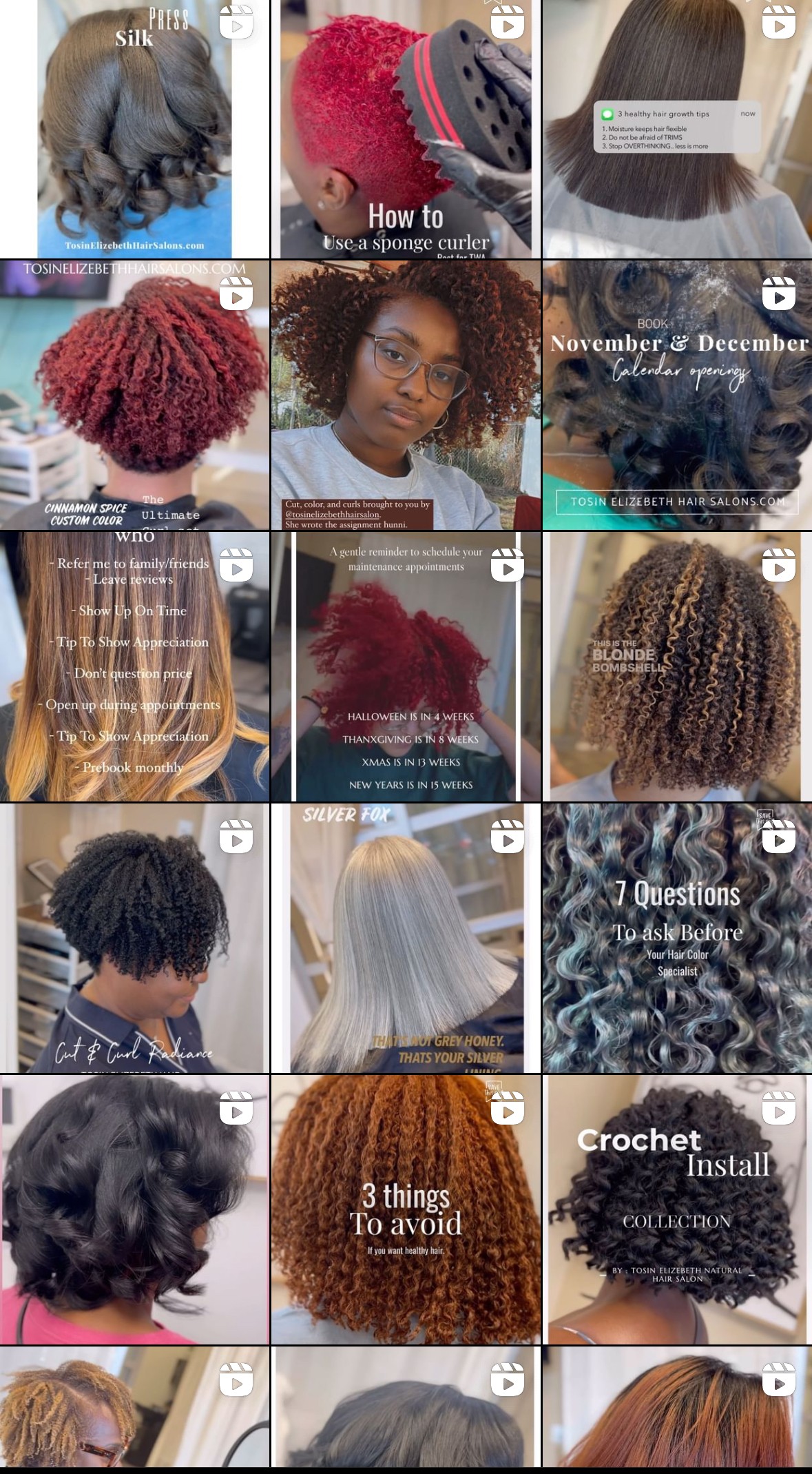 Collection of images showing various hairstyles, hair colors, and hair care tutorials.